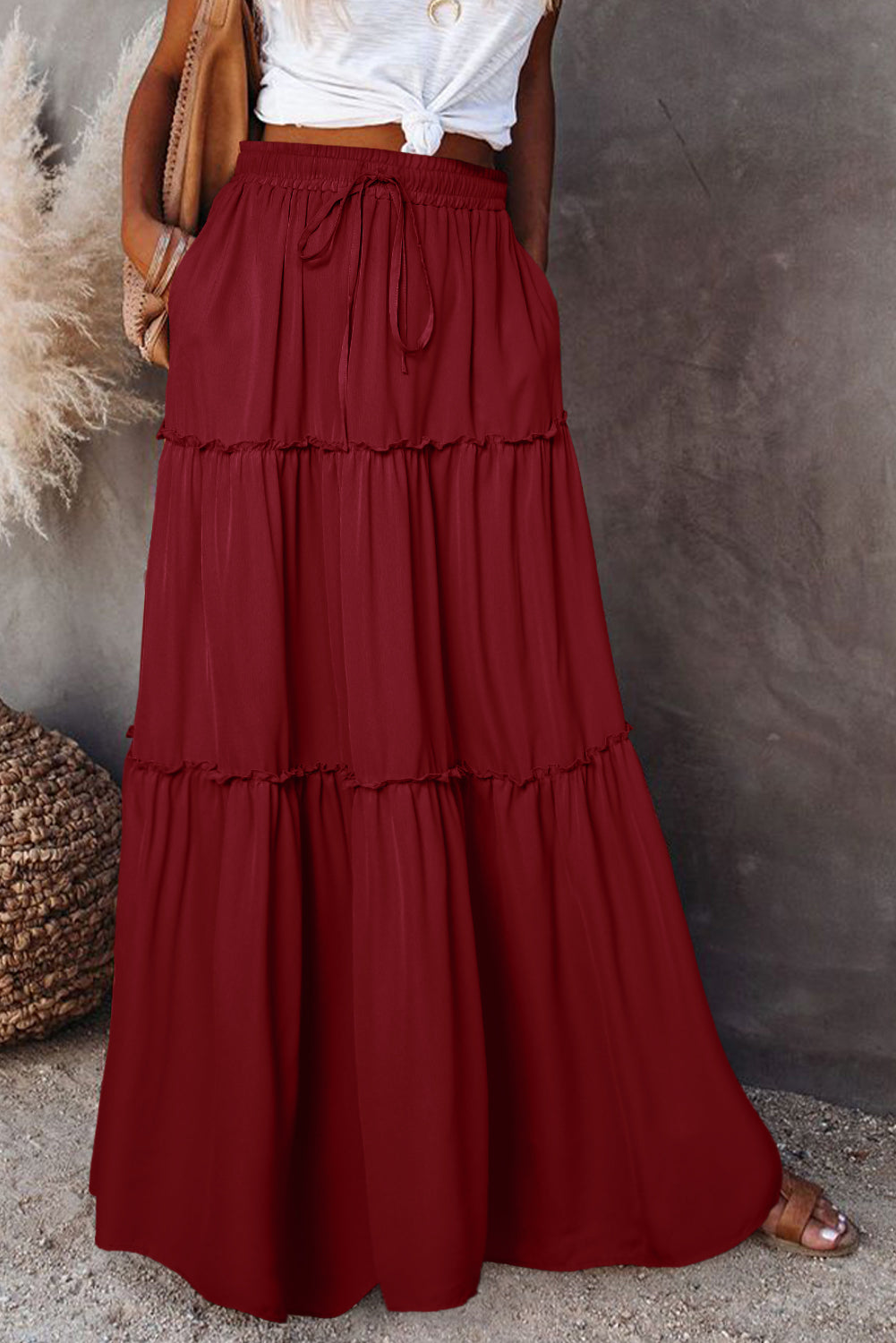 Fiery Red Black Frill Tiered Drawstring Waist Maxi Skirt-Bottoms/Skirts & Petticoat-[Adult]-[Female]-2022 Online Blue Zone Planet