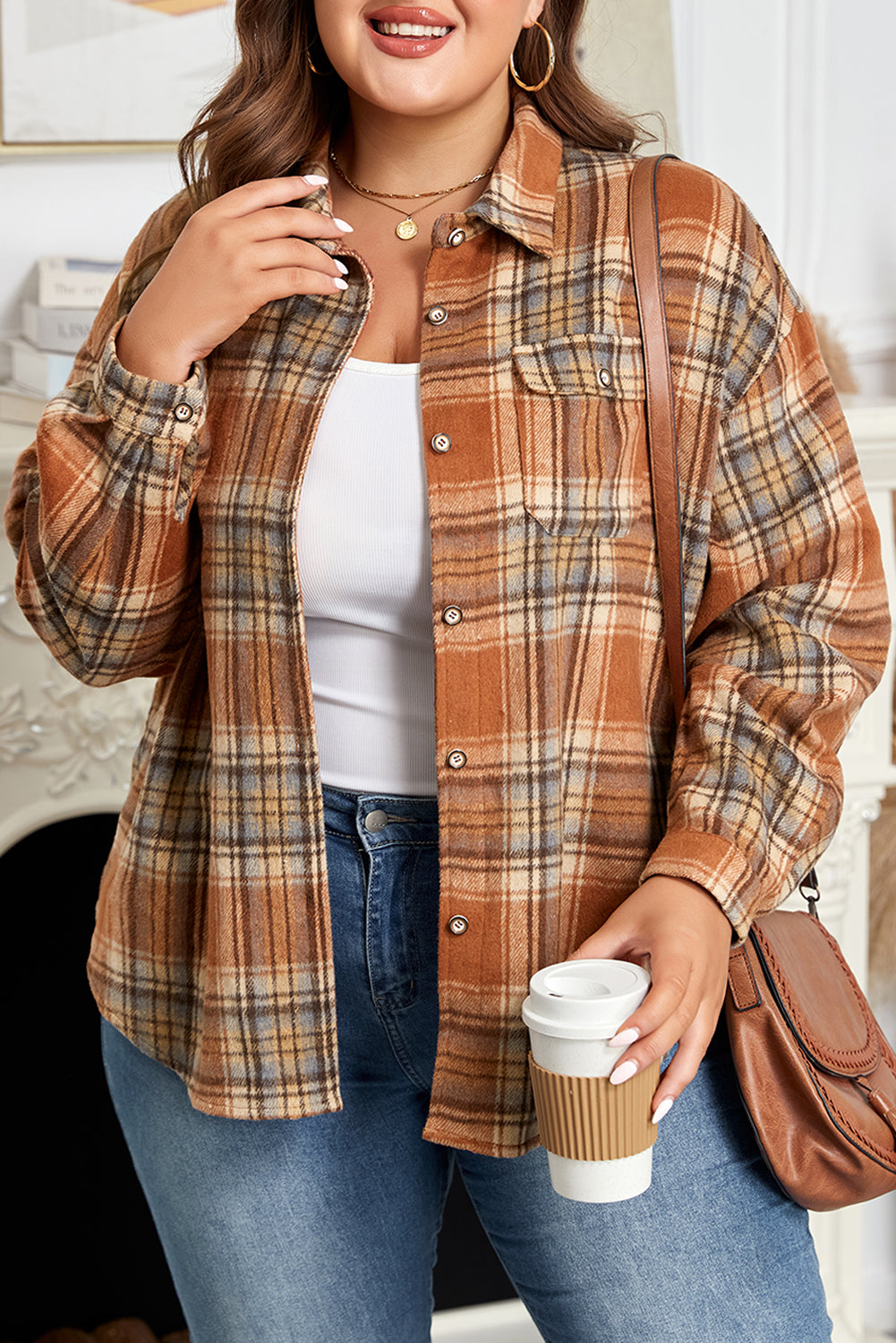 Brown Plaid Print Flap Pocket Buttoned Plus Size Shacket-Plus Size/Plus Size Outerwear-[Adult]-[Female]-2022 Online Blue Zone Planet