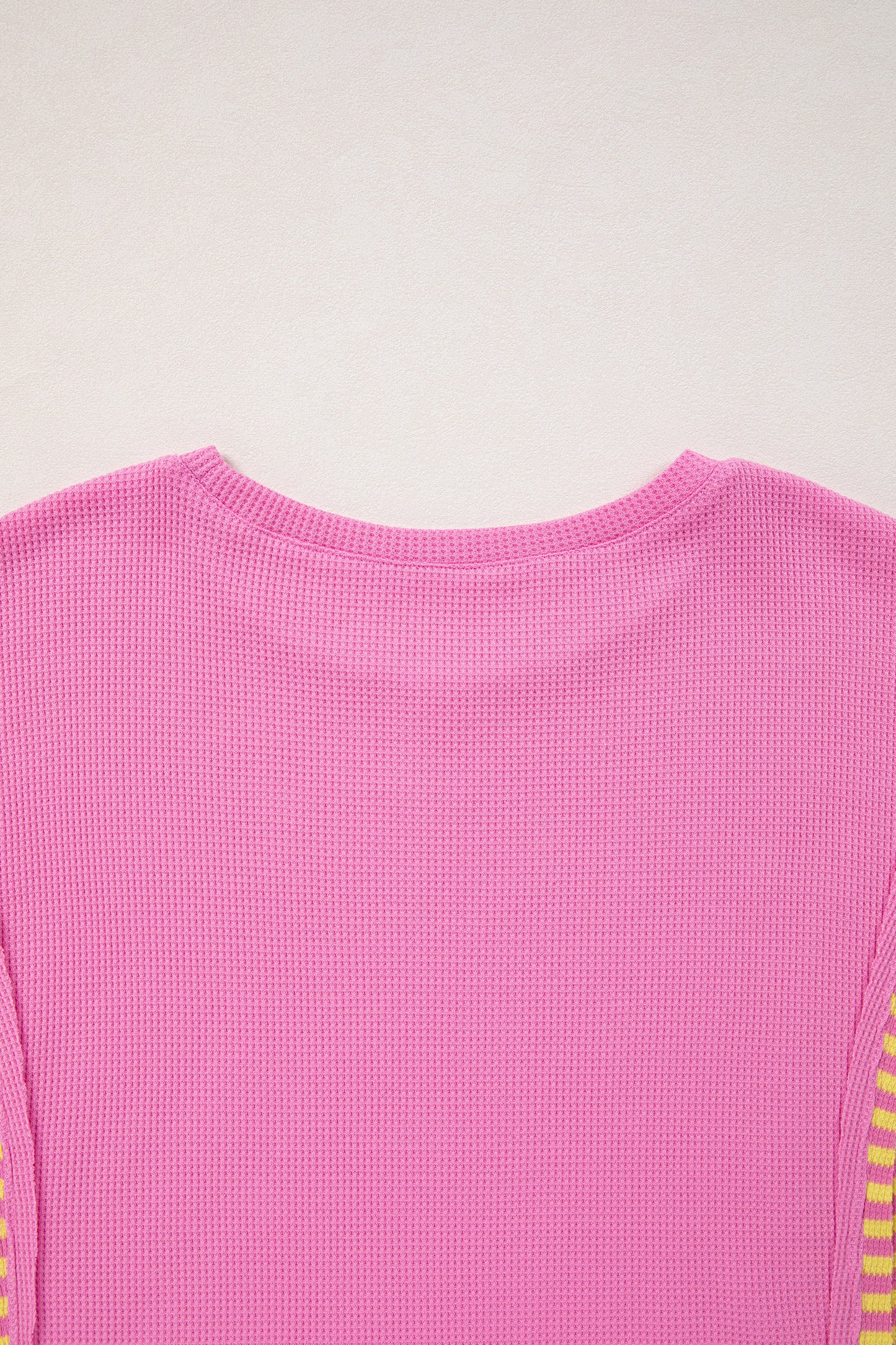 Bright Pink Waffle Textured Contrast Striped Patchwork Loose T Shirt-Tops/Tops & Tees-[Adult]-[Female]-2022 Online Blue Zone Planet