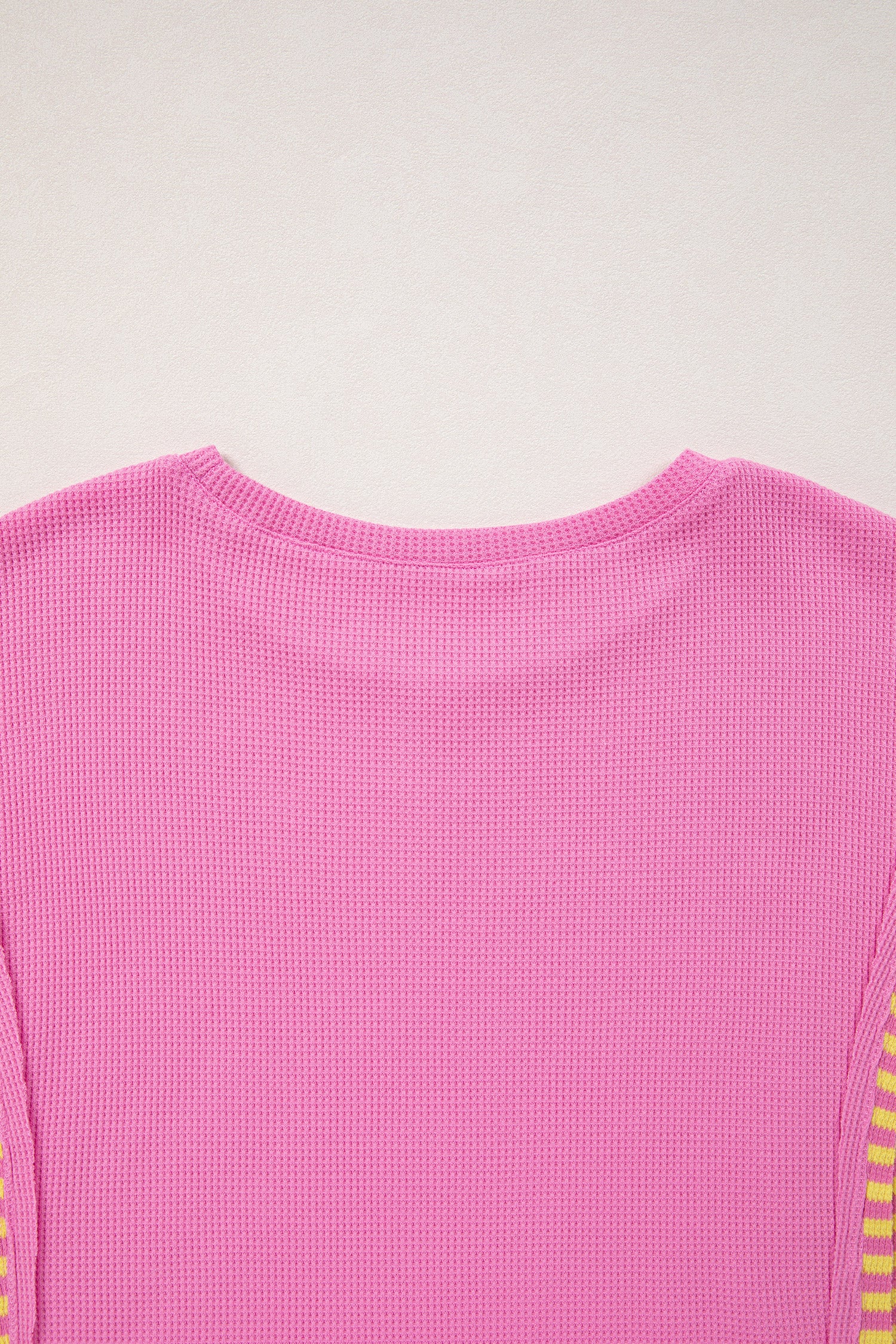 Bright Pink Waffle Textured Contrast Striped Patchwork Loose T Shirt-Tops/Tops & Tees-[Adult]-[Female]-2022 Online Blue Zone Planet