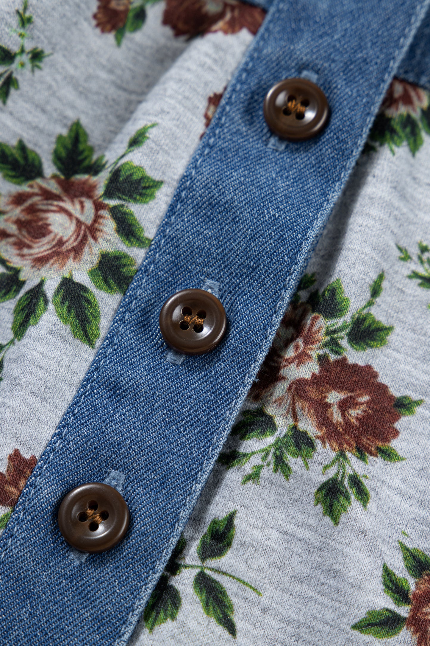 Gray Retro Floral Print Denim Patchwork Buttoned Polo Collar Top-Tops/Blouses & Shirts-[Adult]-[Female]-2022 Online Blue Zone Planet