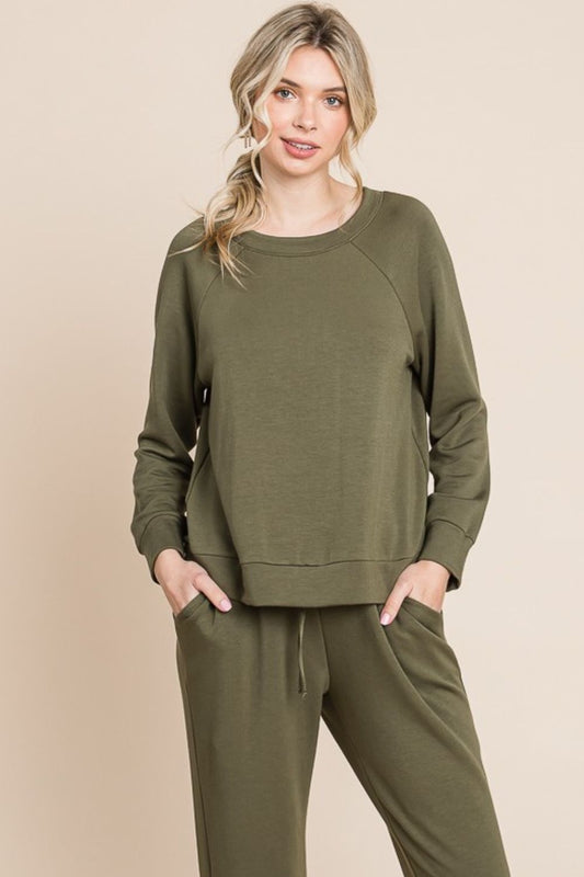 Super Lady Round Neck Raglan Sleeve Top and Pants Lounge Set-TOPS / DRESSES-[Adult]-[Female]-Olive-S-2022 Online Blue Zone Planet