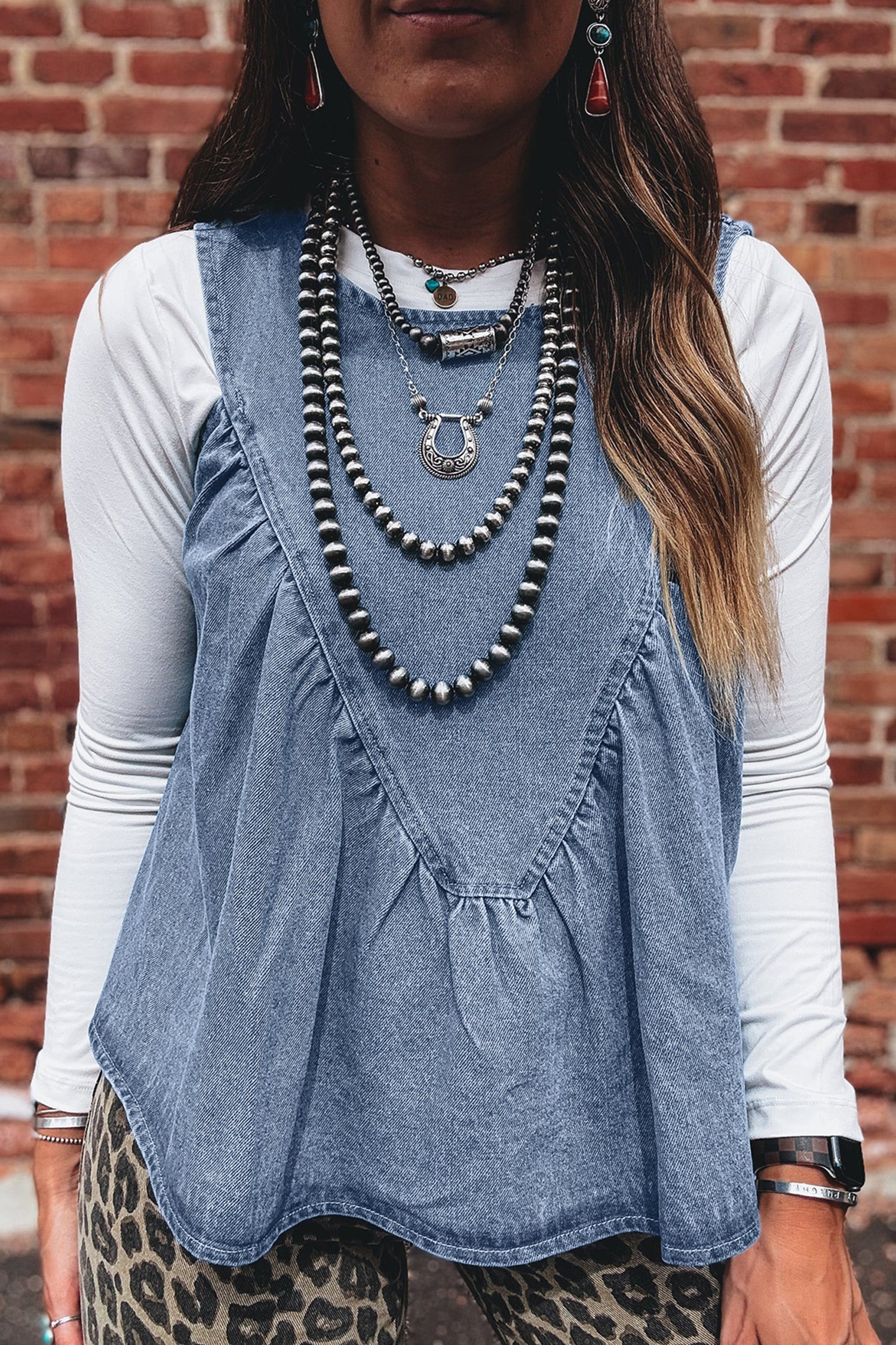 Myosotis Denim Pleated Patchwork Sleeveless Top-Tops/Tank Tops-[Adult]-[Female]-2022 Online Blue Zone Planet