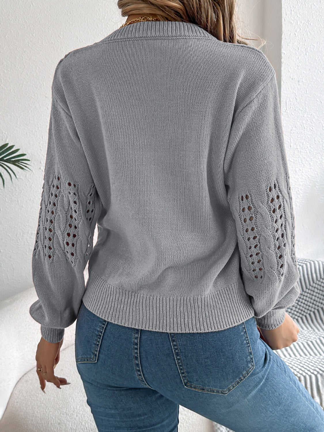 Openwork Round Neck Long Sleeve Sweater-TOPS / DRESSES-[Adult]-[Female]-2022 Online Blue Zone Planet