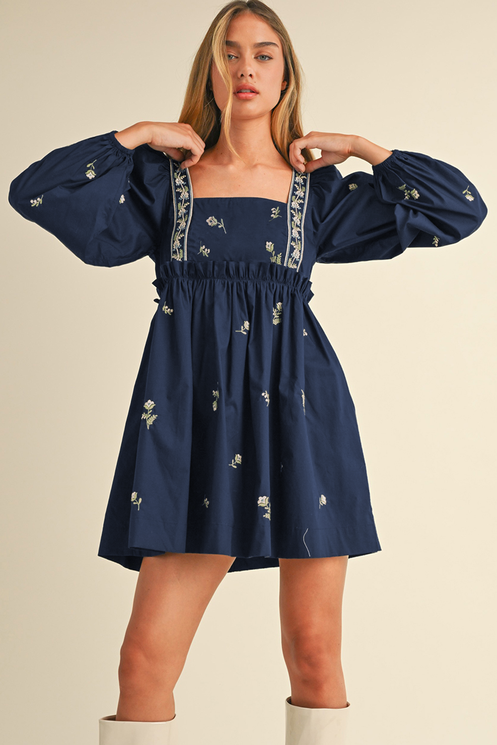 Blue Zone Planet | Blue Floral Embroidered Puff Sleeve Babydoll Dress-TOPS / DRESSES-[Adult]-[Female]-2022 Online Blue Zone Planet