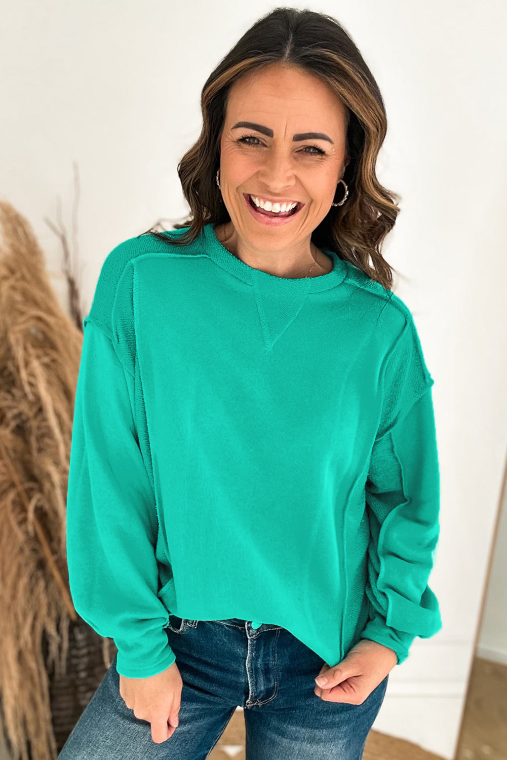 Mint Green Splicing Round Neck Pullover Sweatshirt-Tops/Sweatshirts & Hoodies-[Adult]-[Female]-2022 Online Blue Zone Planet