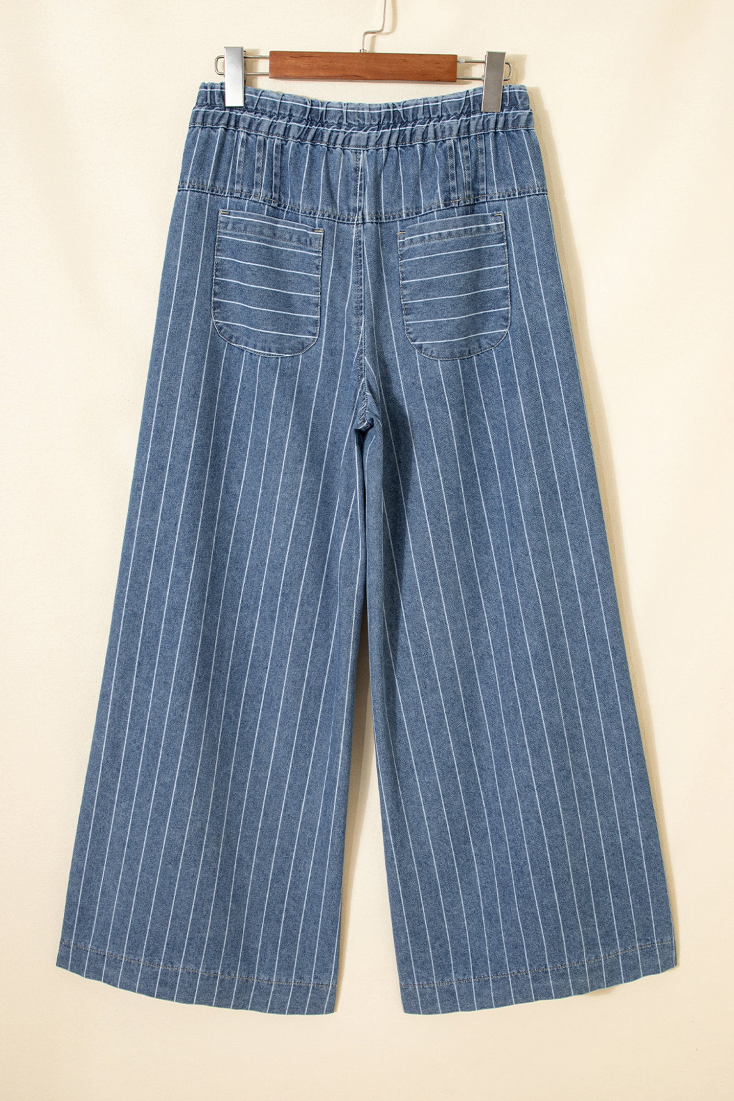 Sky Blue Stripe Button Pleated Drawstring Waist Casual Wide Leg Jeans-Bottoms/Jeans-[Adult]-[Female]-2022 Online Blue Zone Planet