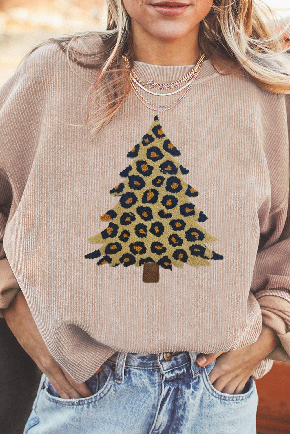 Apricot Leopard Christmas Tree Graphic Corded Sweatshirt-Graphic/Graphic Sweatshirts-[Adult]-[Female]-Apricot-S-2022 Online Blue Zone Planet