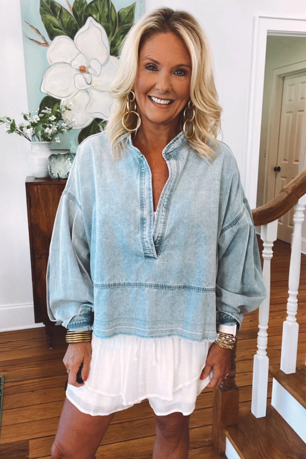 Blue Zone Planet | Slit Raw Hem Notched Denim Top-TOPS / DRESSES-[Adult]-[Female]-2022 Online Blue Zone Planet