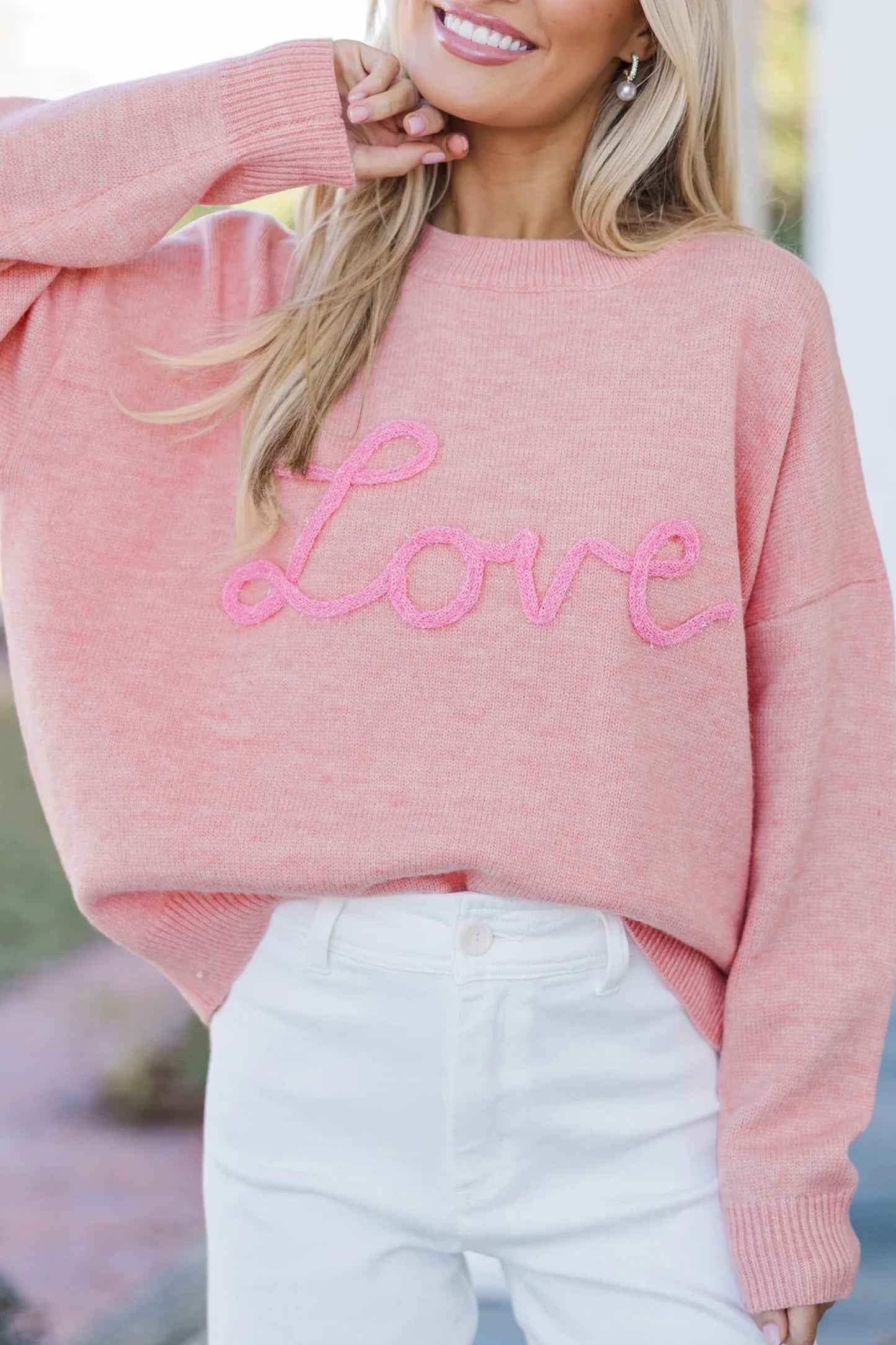 Pink Corded Love Script Graphic Baggy Sweater-TOPS / DRESSES-[Adult]-[Female]-2022 Online Blue Zone Planet