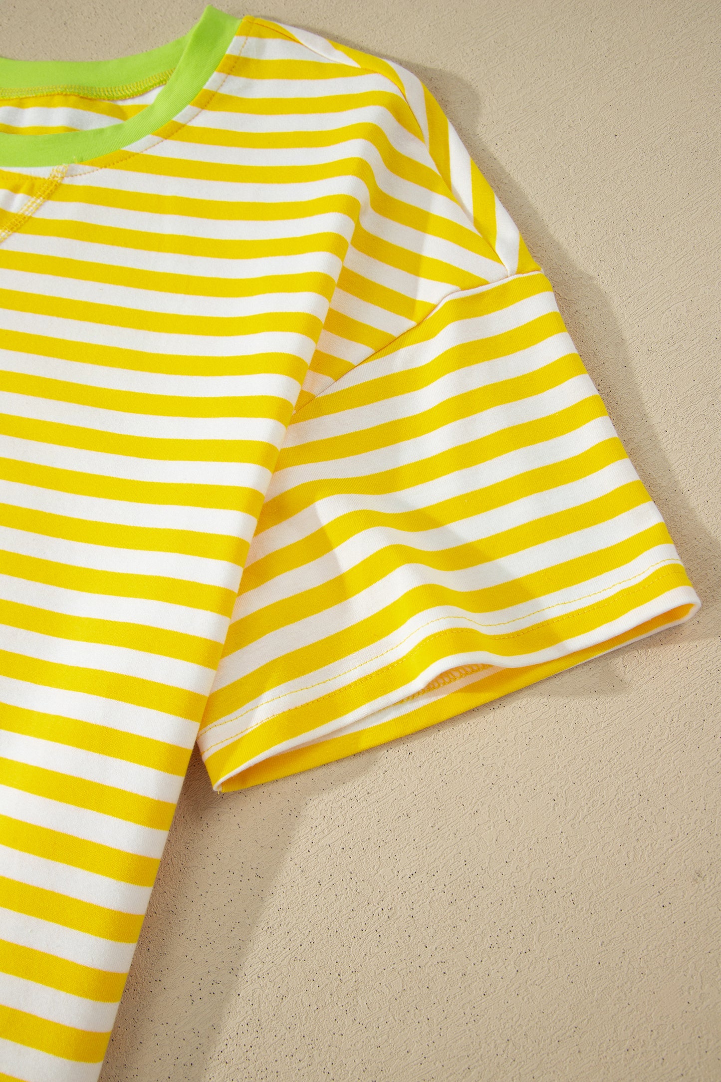 Yellow Stripe Contrast Neck Loose Tee and Drawstring Shorts Set-Two Piece Sets/Short Sets-[Adult]-[Female]-2022 Online Blue Zone Planet