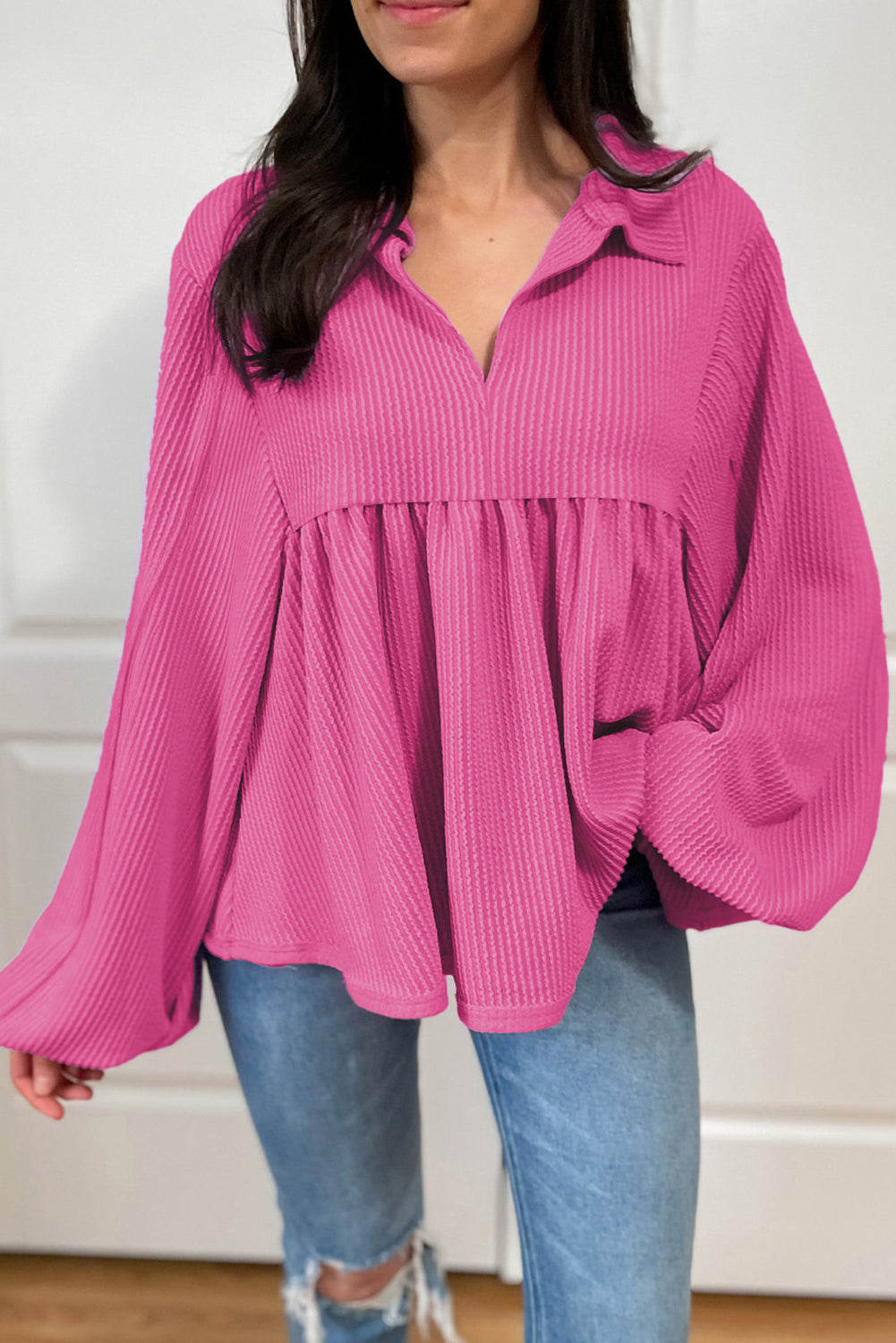 Bright Pink Corded Turn-down V Neck Bubble Sleeve Babydoll Blouse-Tops/Blouses & Shirts-[Adult]-[Female]-2022 Online Blue Zone Planet