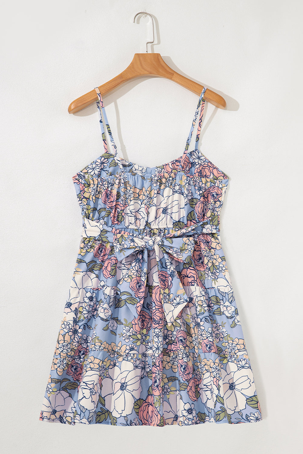 Sky Blue Floral Tiered Patchwork Spaghetti Strap Vacation Dress-TOPS / DRESSES-[Adult]-[Female]-2022 Online Blue Zone Planet