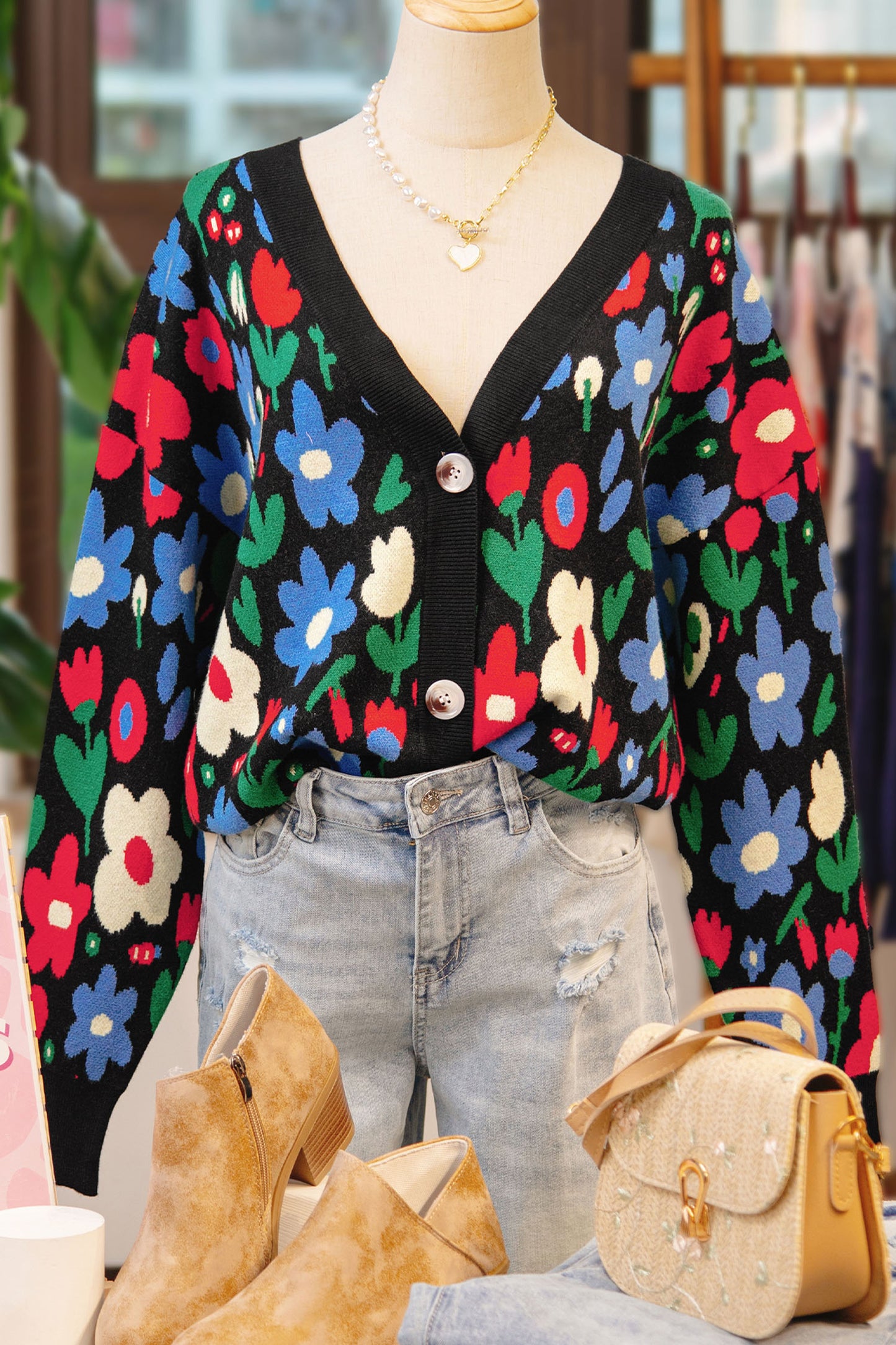 Black Floral Print V Neck Buttoned Short Cardigan Sweater-TOPS / DRESSES-[Adult]-[Female]-2022 Online Blue Zone Planet