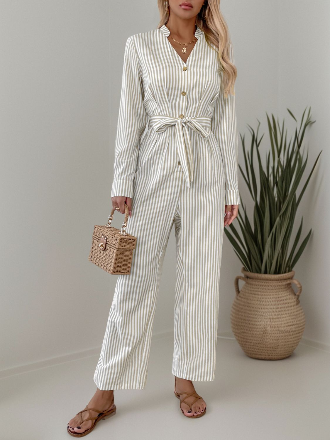 Striped Notched Long Sleeve Tie Waist Jumpsuit-TOPS / DRESSES-[Adult]-[Female]-2022 Online Blue Zone Planet