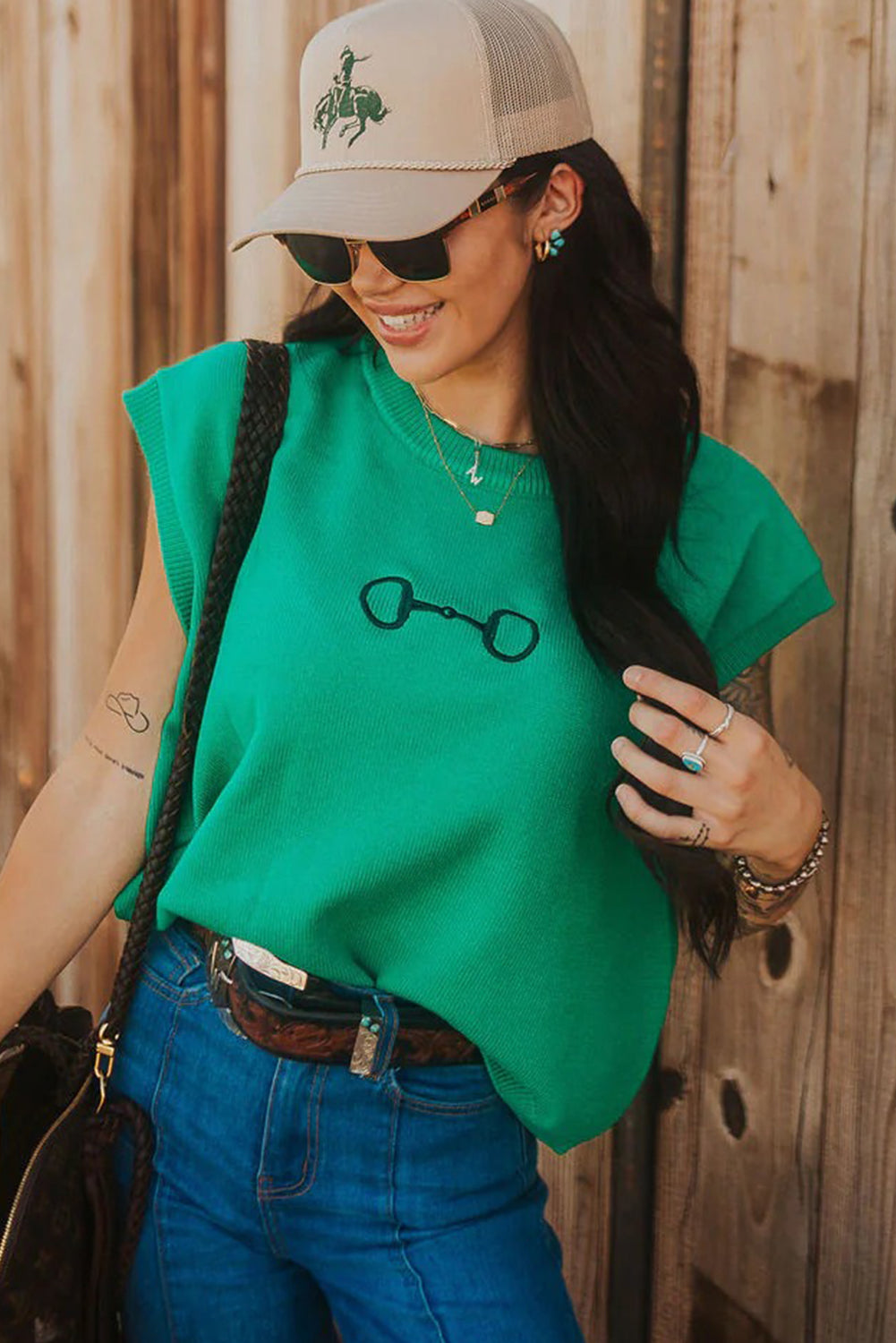 Bright Green Horse Bit Embroidered Loose Short Sleeve Sweater-TOPS / DRESSES-[Adult]-[Female]-2022 Online Blue Zone Planet