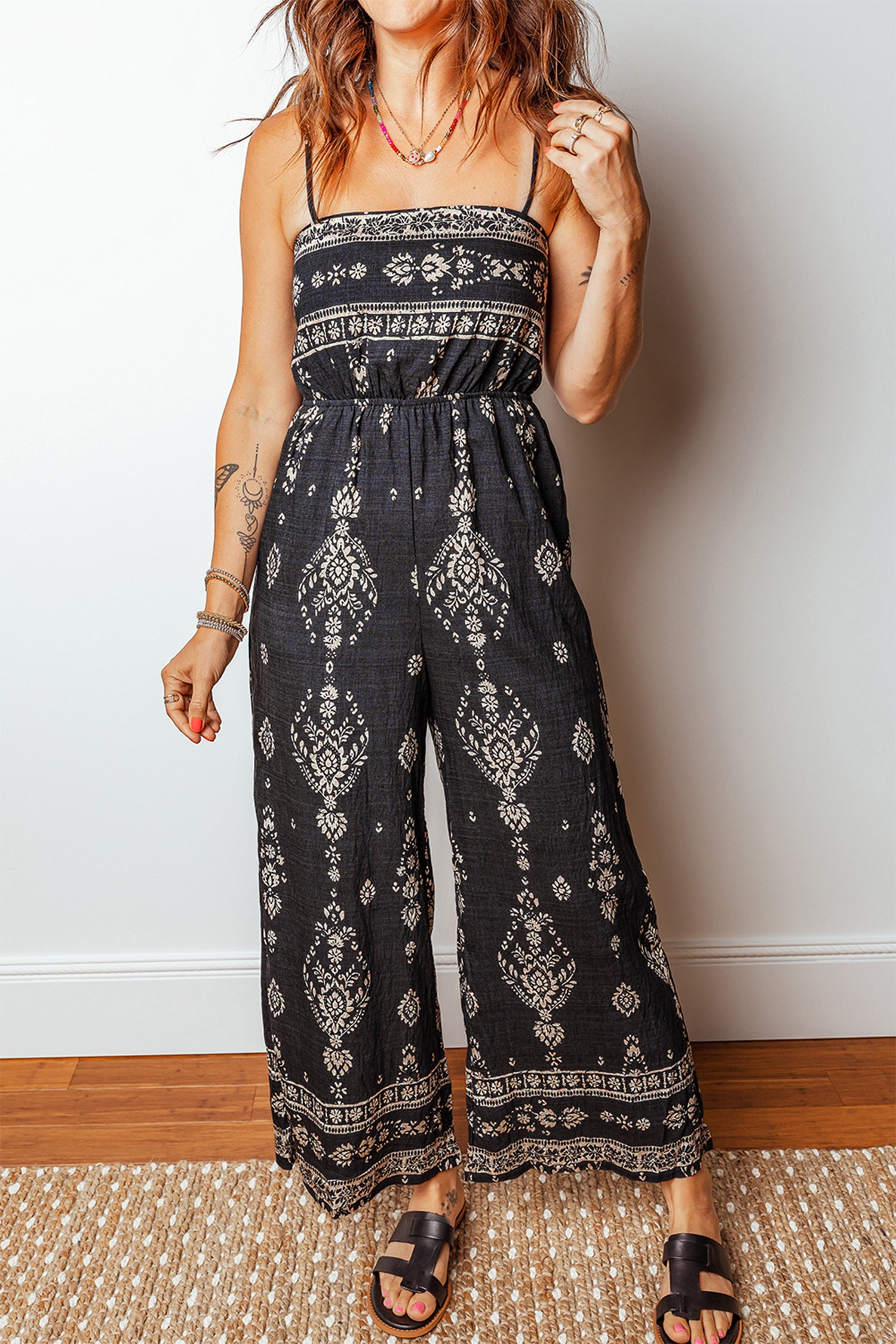 Black Spaghetti Straps Elastic Waist Loose Ethnic Print Jumpsuit-Bottoms/Jumpsuits & Rompers-[Adult]-[Female]-Black-S-2022 Online Blue Zone Planet