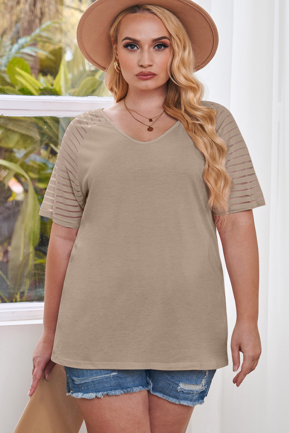 Khaki Striped Raglan Sleeve Plus Size Tee-Plus Size/Plus Size Tops/Plus Size Tops & Tees-[Adult]-[Female]-2022 Online Blue Zone Planet