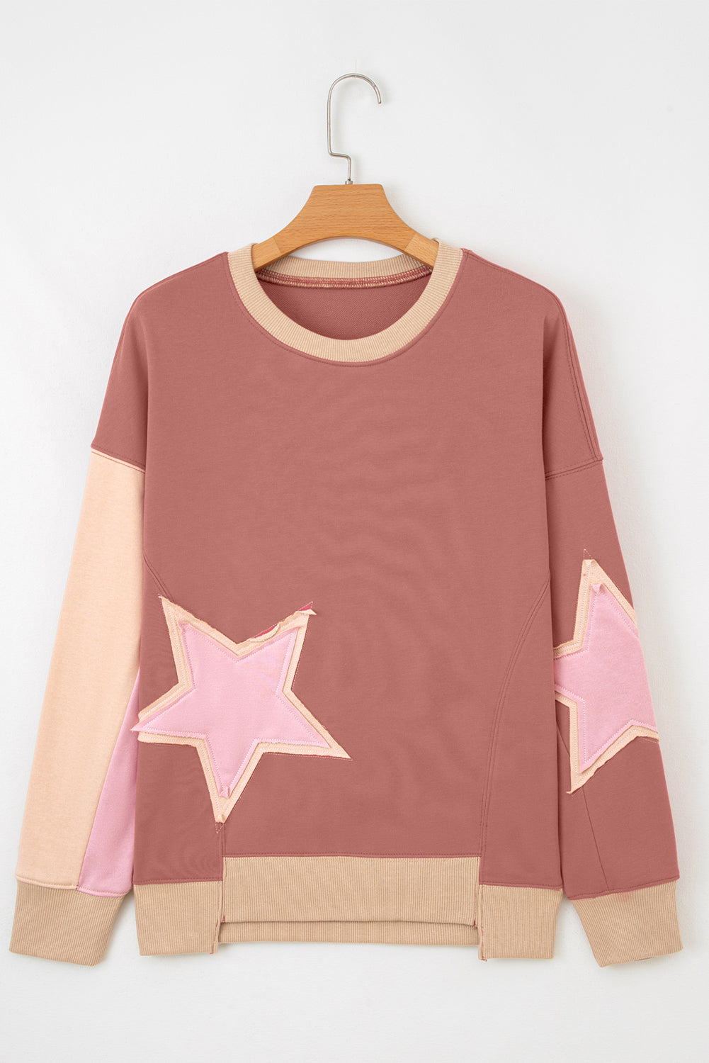 Rose Pink Contrast Star Patchwork Exposed Seam Uneven Hem Drop Shoulder Sweatshirt-Tops/Sweatshirts & Hoodies-[Adult]-[Female]-2022 Online Blue Zone Planet