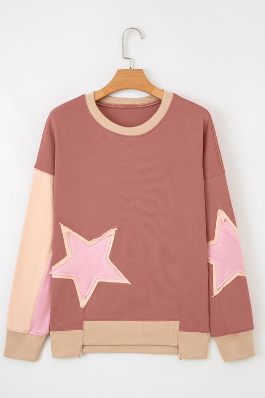 Rose Pink Contrast Star Patchwork Exposed Seam Uneven Hem Drop Shoulder Sweatshirt-Tops/Sweatshirts & Hoodies-[Adult]-[Female]-2022 Online Blue Zone Planet