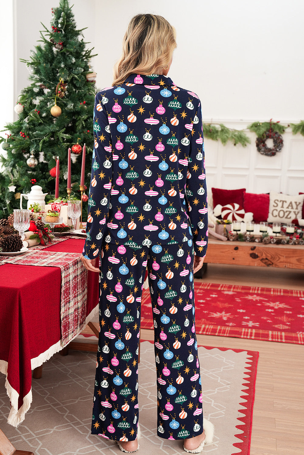Navy Blue Colorful Christmas Lights Print Shirt and Pants Pajama Set-Loungewear Set-[Adult]-[Female]-2022 Online Blue Zone Planet