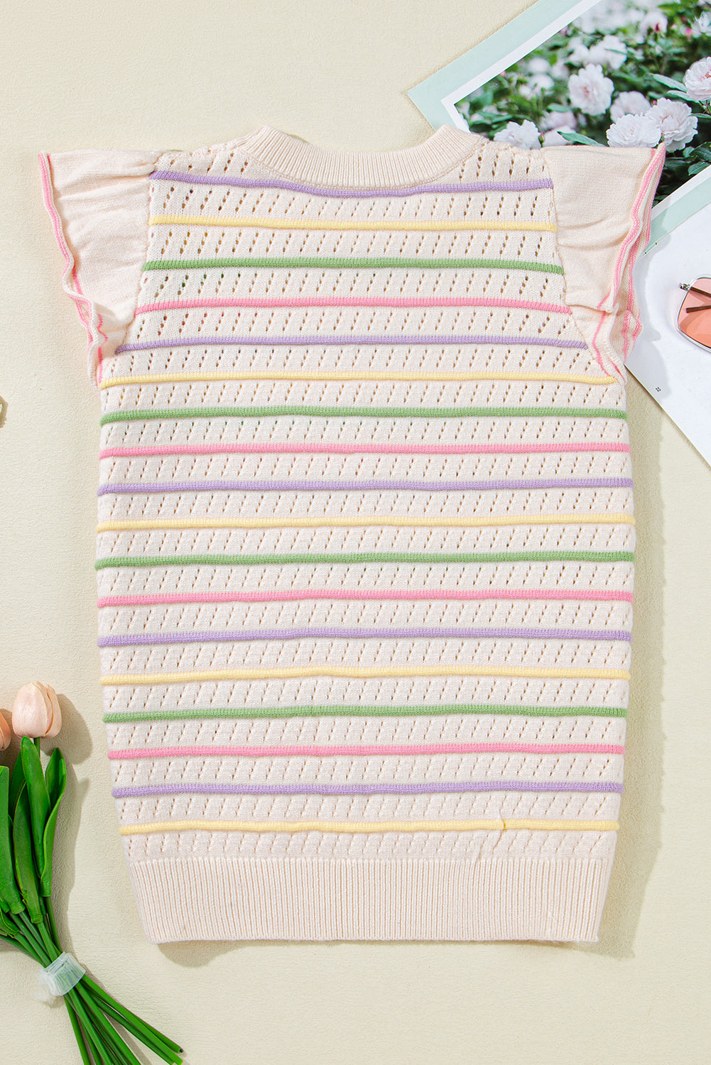 Oatmeal Colorful Striped Eyelet Knit Ruffled Sleeve Sweater T Shirt-Sweaters & Cardigans/Short Sleeve Sweaters-[Adult]-[Female]-2022 Online Blue Zone Planet