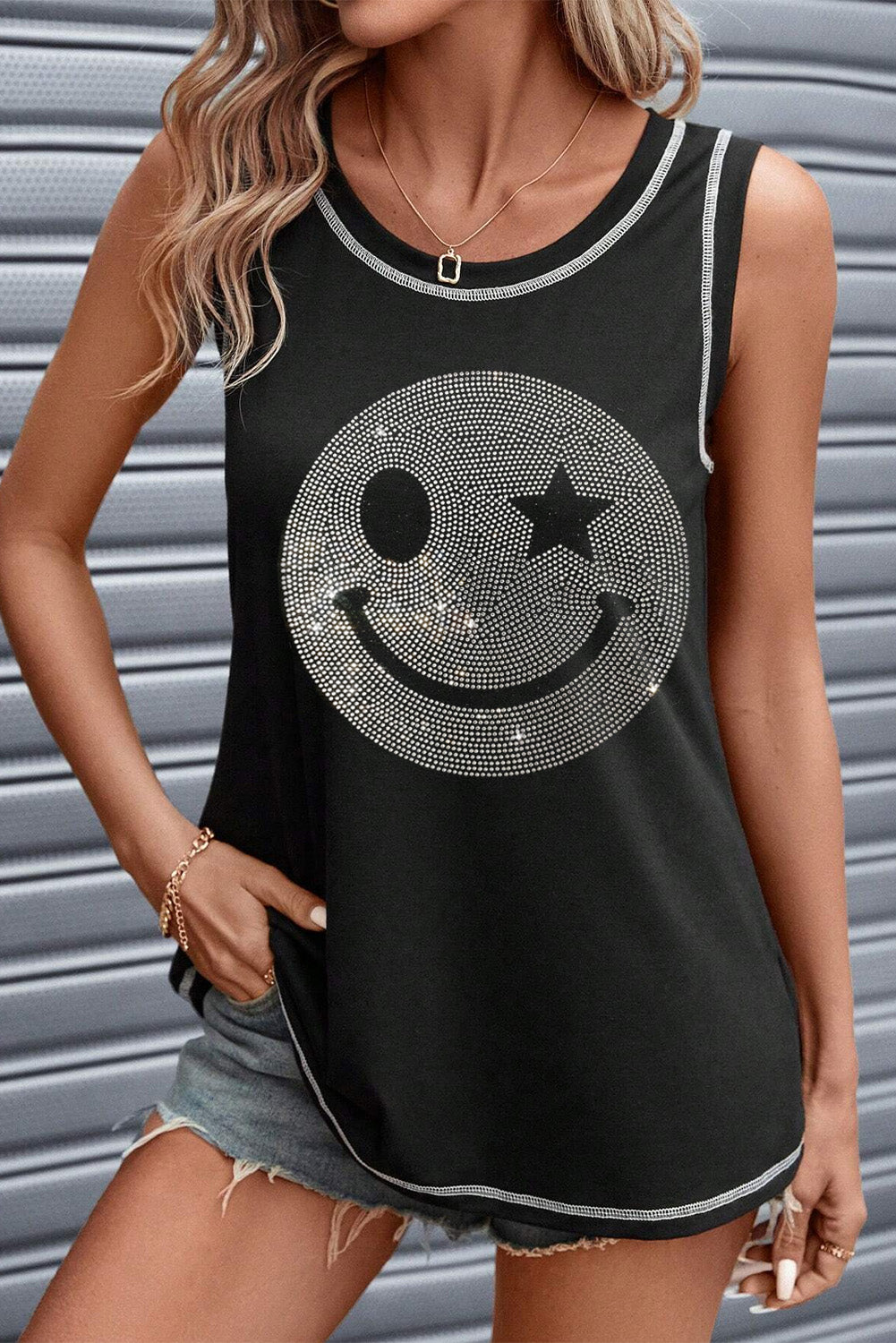 Blue Zone Planet | Rhinestone Smile Face Round Neck Tank-TOPS / DRESSES-[Adult]-[Female]-2022 Online Blue Zone Planet