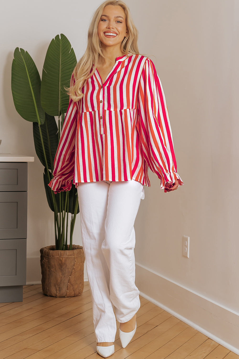 Blue Zone Planet | Orange Stripe Balloon Sleeve Notched V Neck Buttoned Front Blouse-Tops/Blouses & Shirts-[Adult]-[Female]-2022 Online Blue Zone Planet