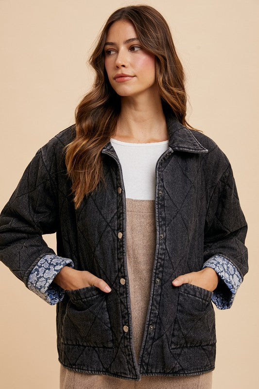 Annie Wear Quilted Printed Lining Snap Down Denim Jacket-TOPS / DRESSES-[Adult]-[Female]-Black-S-2022 Online Blue Zone Planet