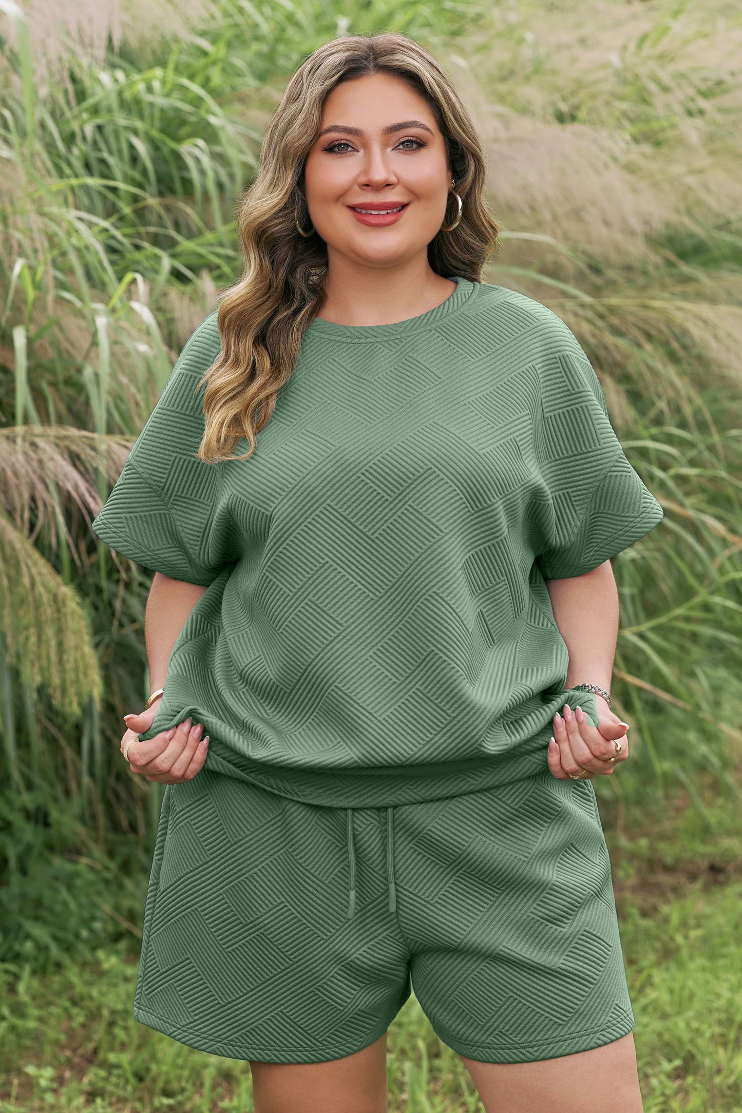 Mineral Blue Plus Size Textured Short Sleeve Top Drawstring Shorts Set-Plus Size/Plus Size Loungewear-[Adult]-[Female]-2022 Online Blue Zone Planet
