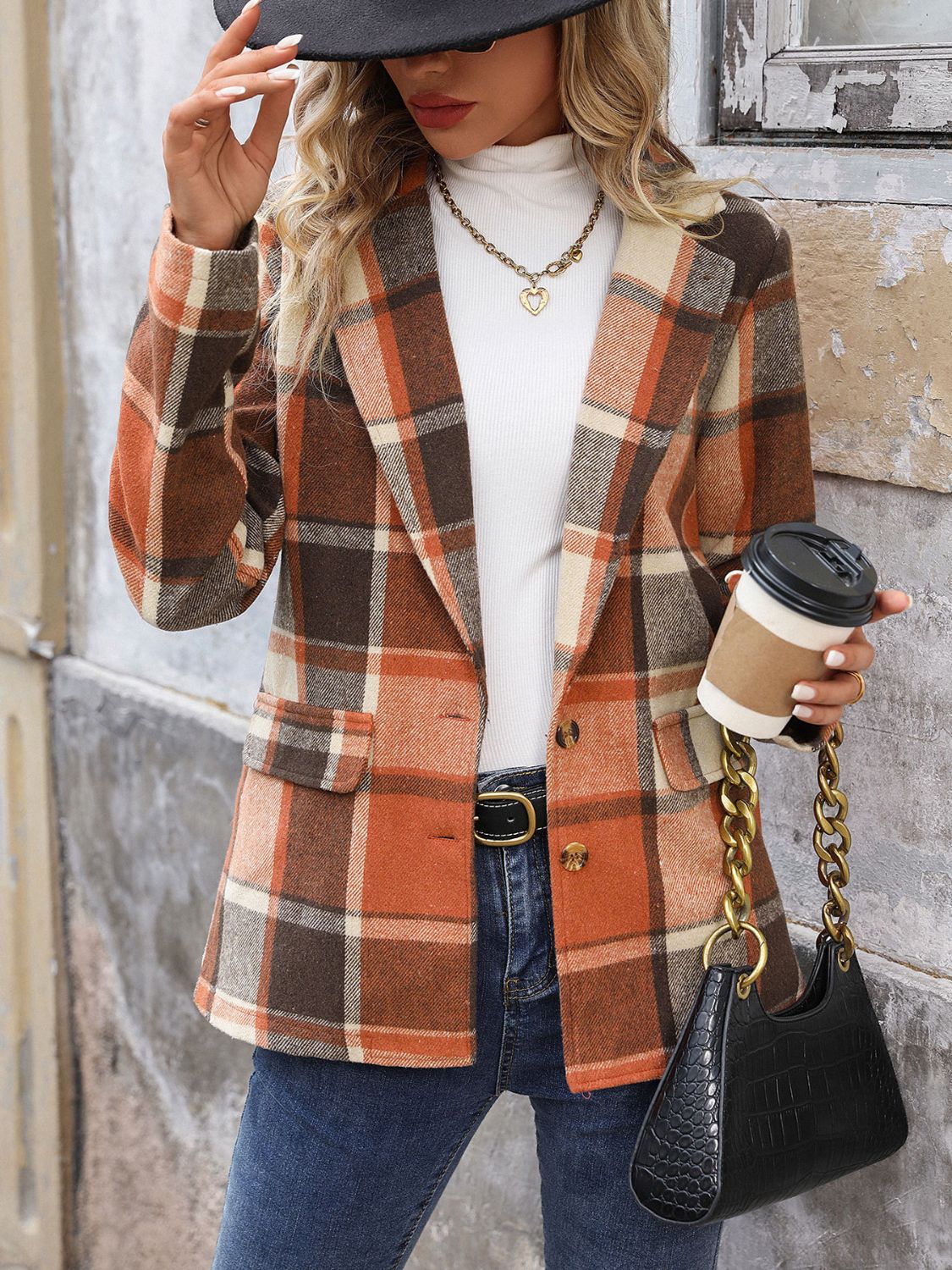 Perfee Plaid Button Down Lapel Collar Blazer-[Adult]-[Female]-Ochre-S-2022 Online Blue Zone Planet