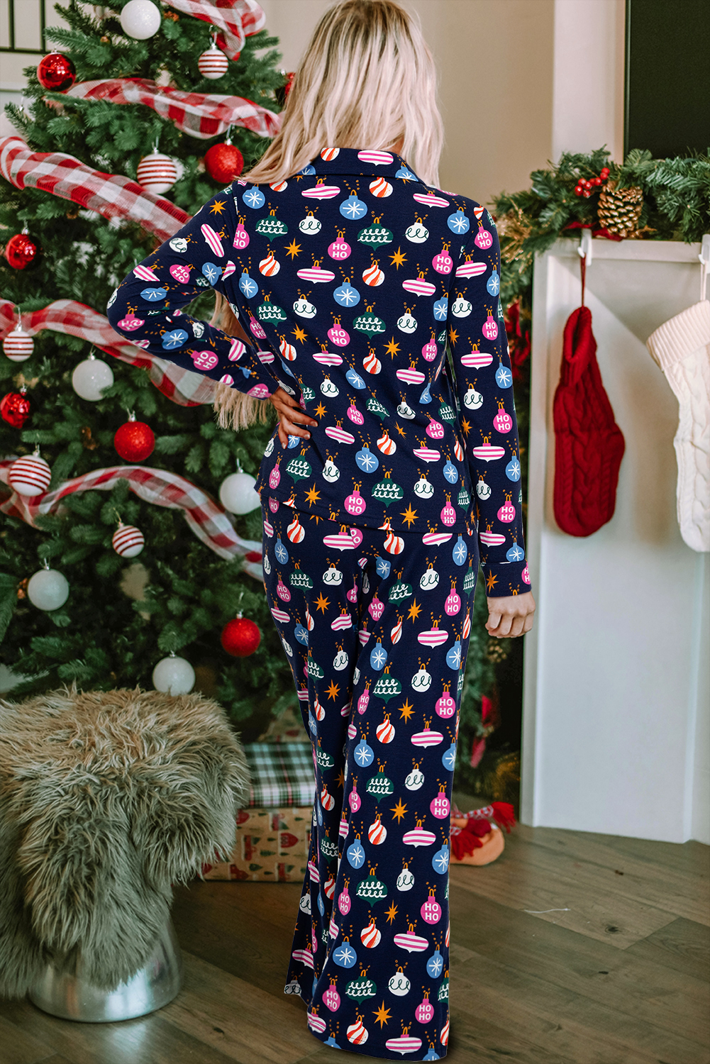 Christmas Lights Print Collared Neck Top and Pants Set-TOPS / DRESSES-[Adult]-[Female]-2022 Online Blue Zone Planet