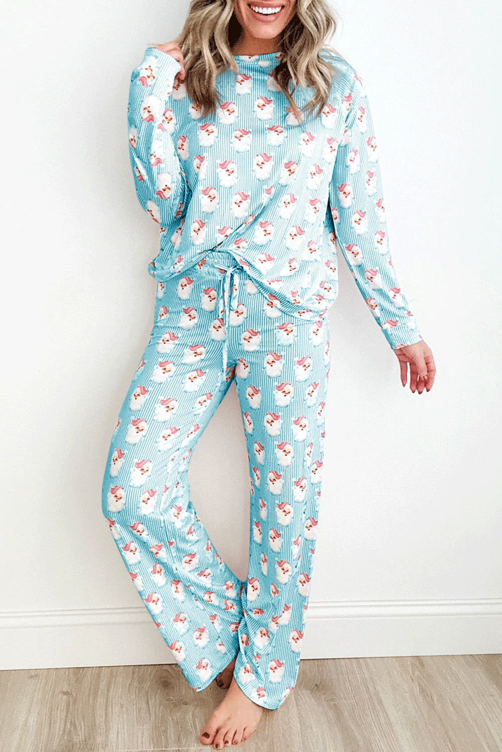 Blue Zone Planet | Santa Print Long Sleeve Top and Pants Lounge Set-TOPS / DRESSES-[Adult]-[Female]-Pastel Blue-L-2022 Online Blue Zone Planet