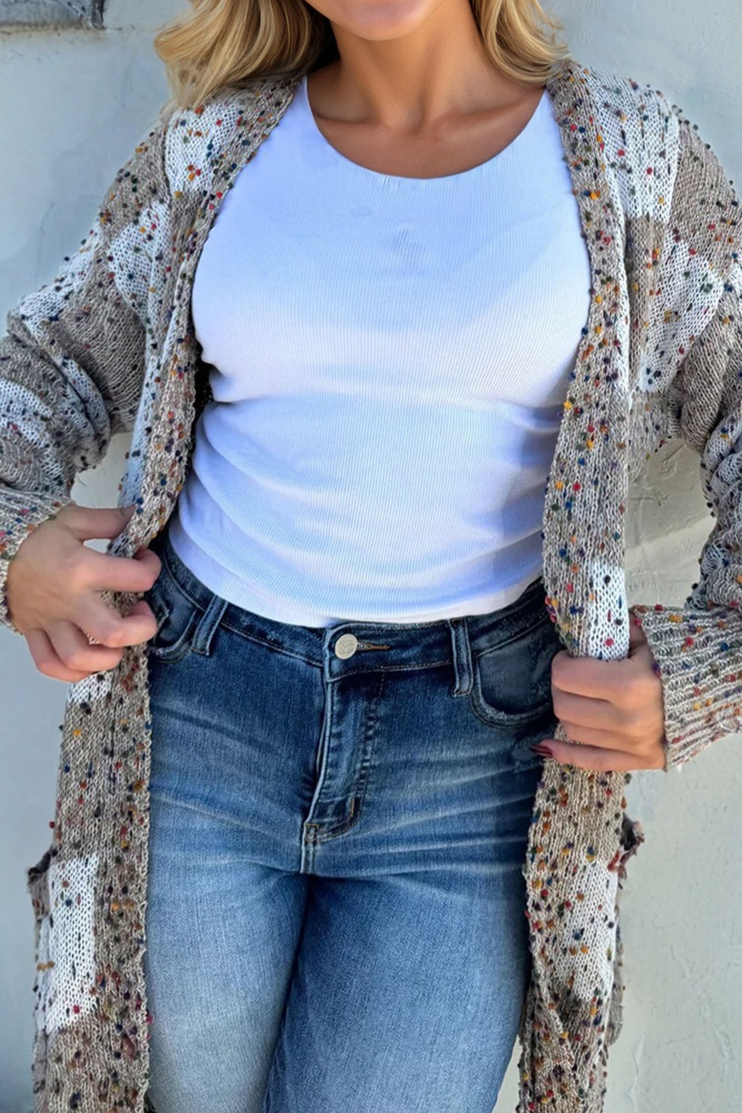 Brown Confetti Dot Checkered Print Open Cardigan with Pockets-Sweaters & Cardigans/Cardigans-[Adult]-[Female]-2022 Online Blue Zone Planet