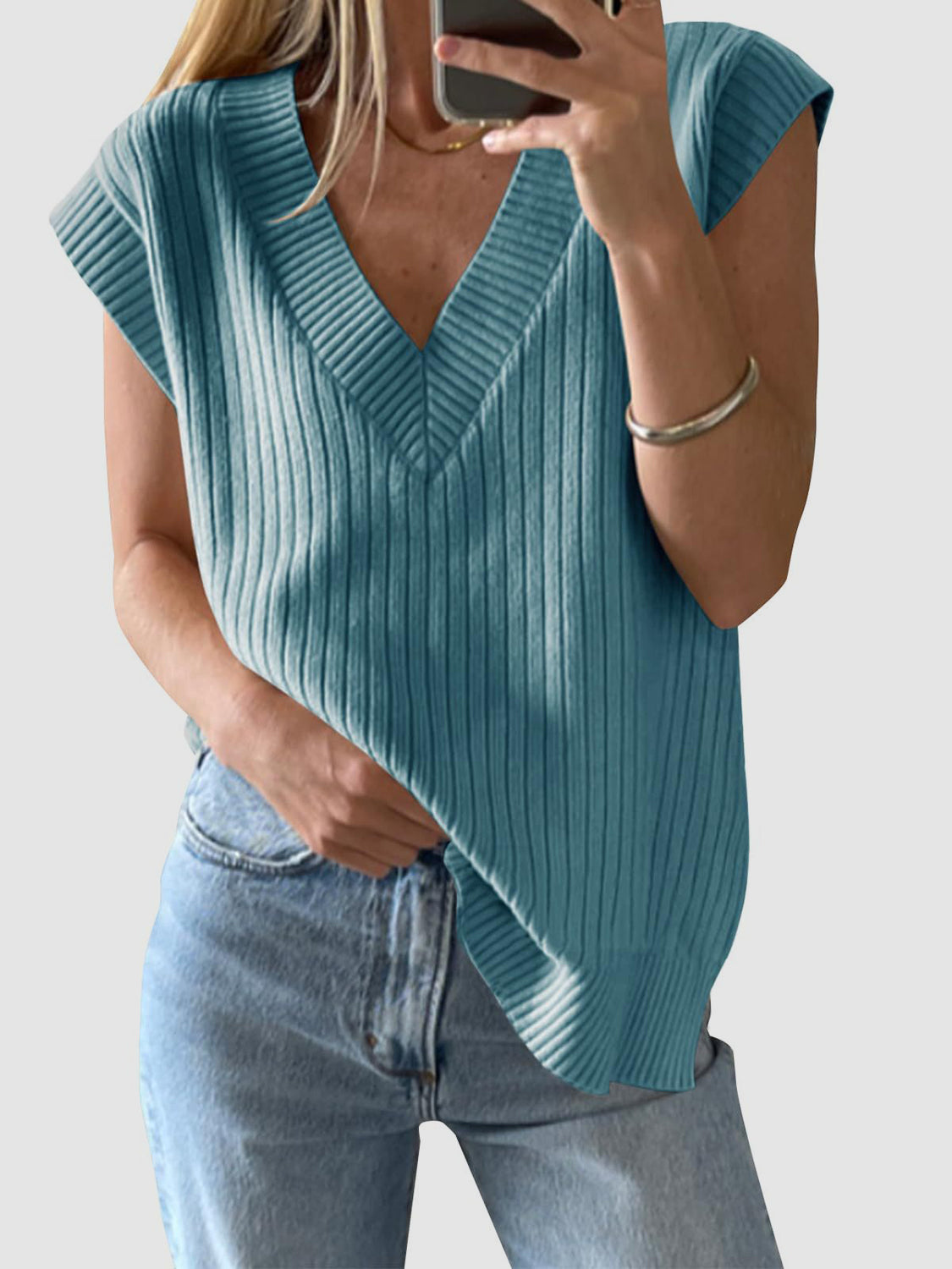 Blue Zone Planet | Mandy Ribbed V-Neck Sweater Vest-TOPS / DRESSES-[Adult]-[Female]-Air Force Blue-S-2022 Online Blue Zone Planet