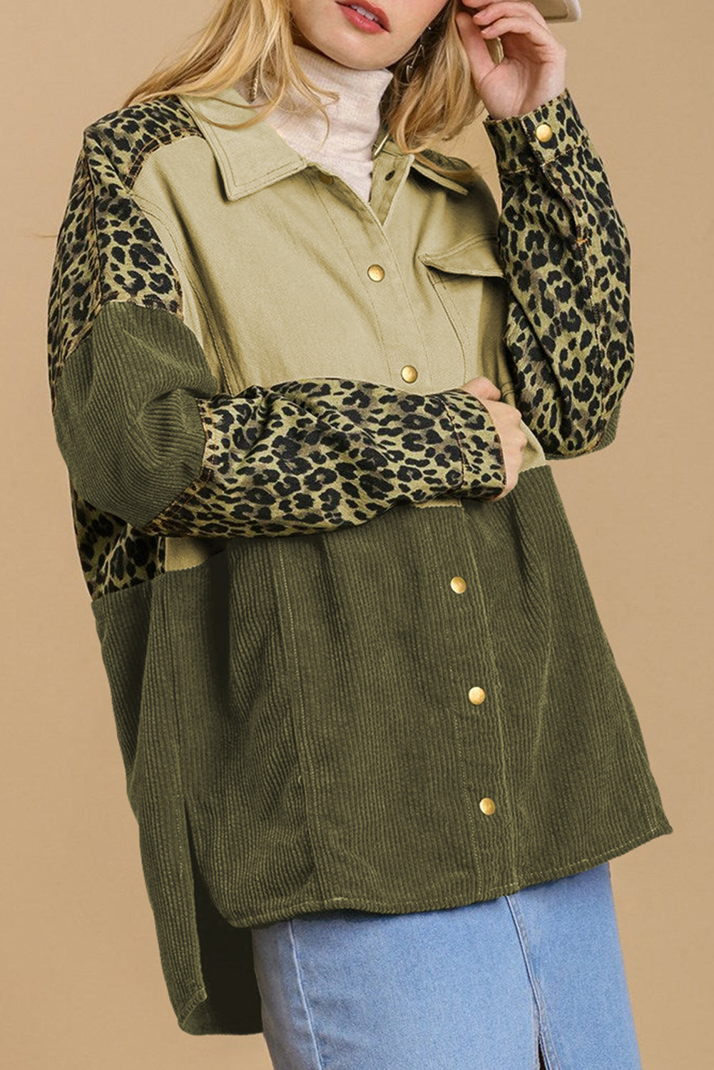 High-Low Leopard Snap Down Shacket-TOPS / DRESSES-[Adult]-[Female]-Dark Green-S-2022 Online Blue Zone Planet