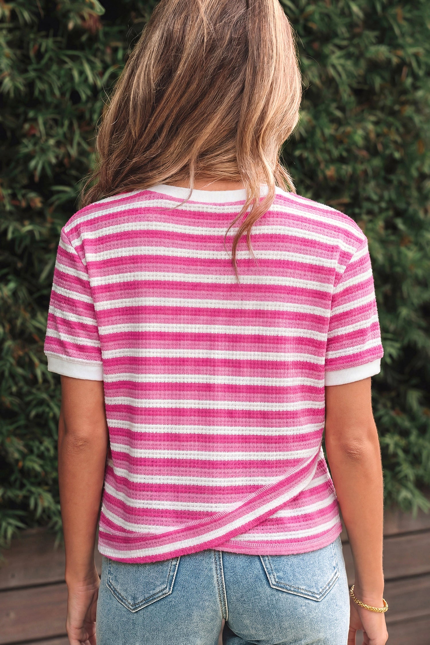 Sachet Pink Textured Knit Short Sleeve Crossed Detail Tee-Tops/Tops & Tees-[Adult]-[Female]-2022 Online Blue Zone Planet