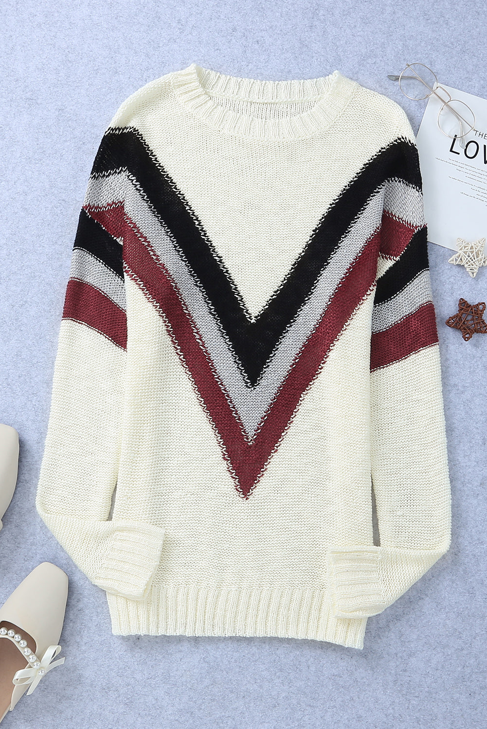 Black Chevron Striped Drop Shoulder Sweater-Sweaters & Cardigans/Sweaters-[Adult]-[Female]-2022 Online Blue Zone Planet