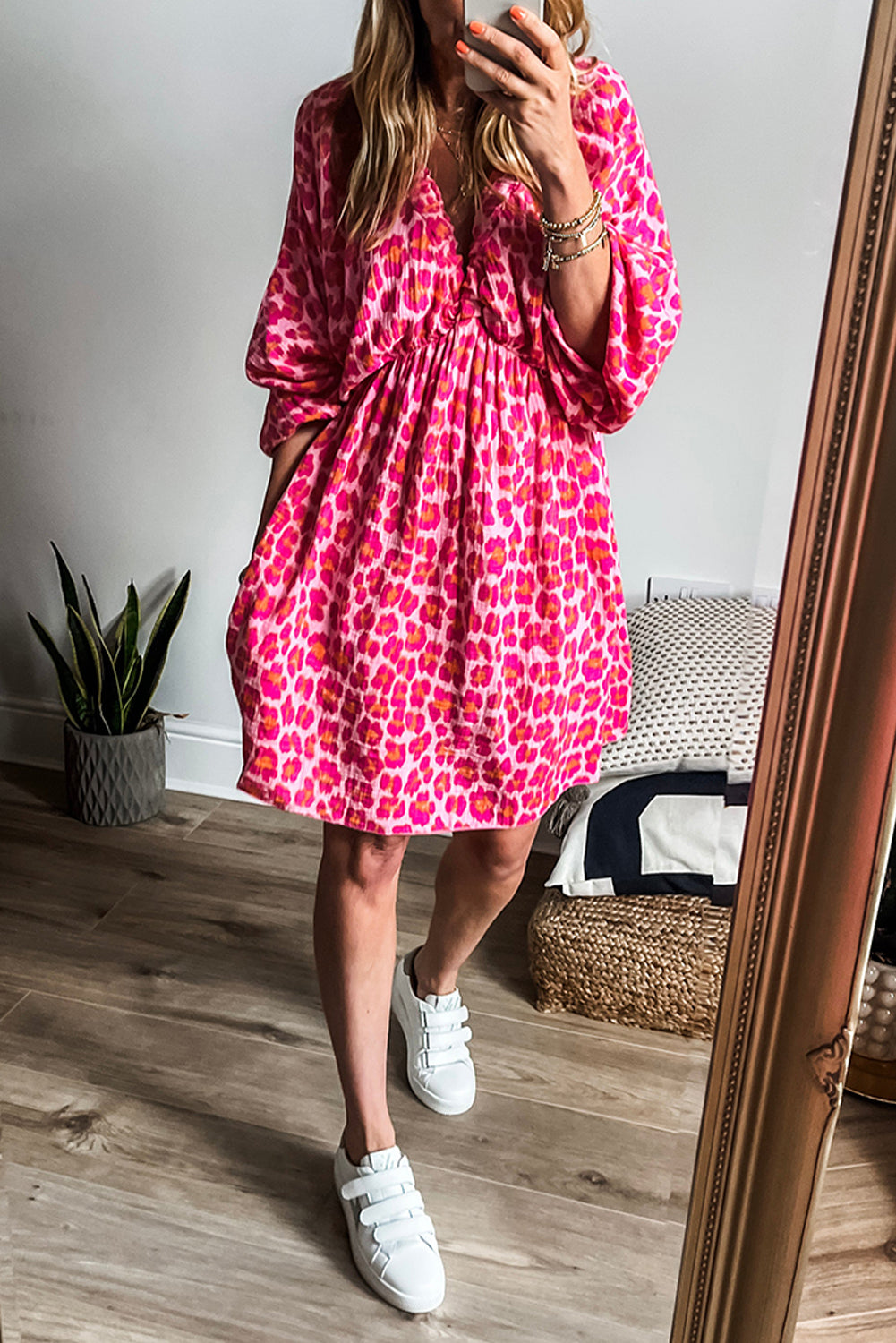 Pink Leopard Print Elasticated V Neck 3/4 Puff Sleeve Dress-Dresses/Mini Dresses-[Adult]-[Female]-Pink-S-2022 Online Blue Zone Planet