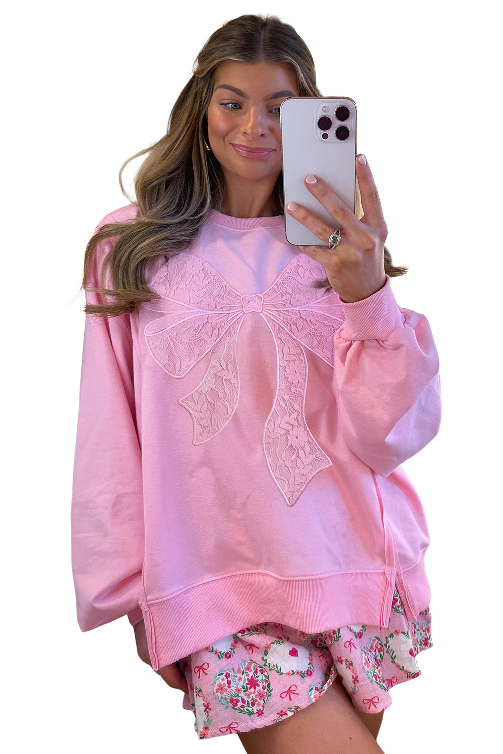 Bonbon Lace Insert Bow Embroidered Exposed Seam Sweatshirt-Tops/Sweatshirts & Hoodies-[Adult]-[Female]-2022 Online Blue Zone Planet