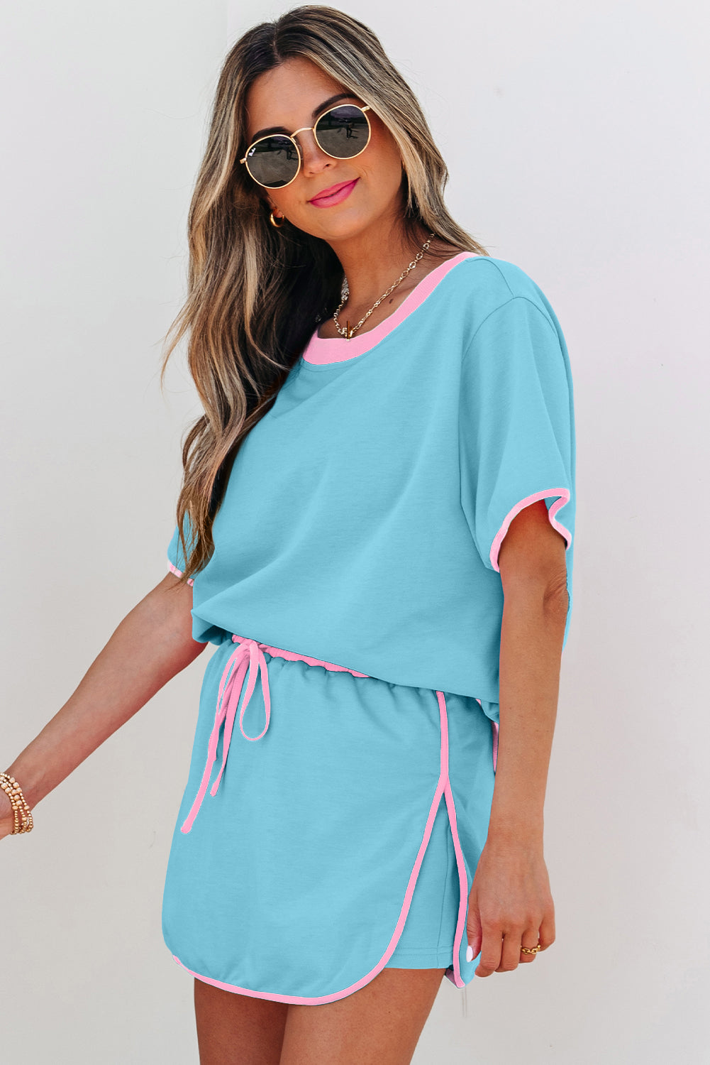 Turquoise Colorblock Edge Drop Shoulder T Shirt and Skirt 2Pcs Set-Two Piece Sets/Two Piece Dresses-[Adult]-[Female]-2022 Online Blue Zone Planet