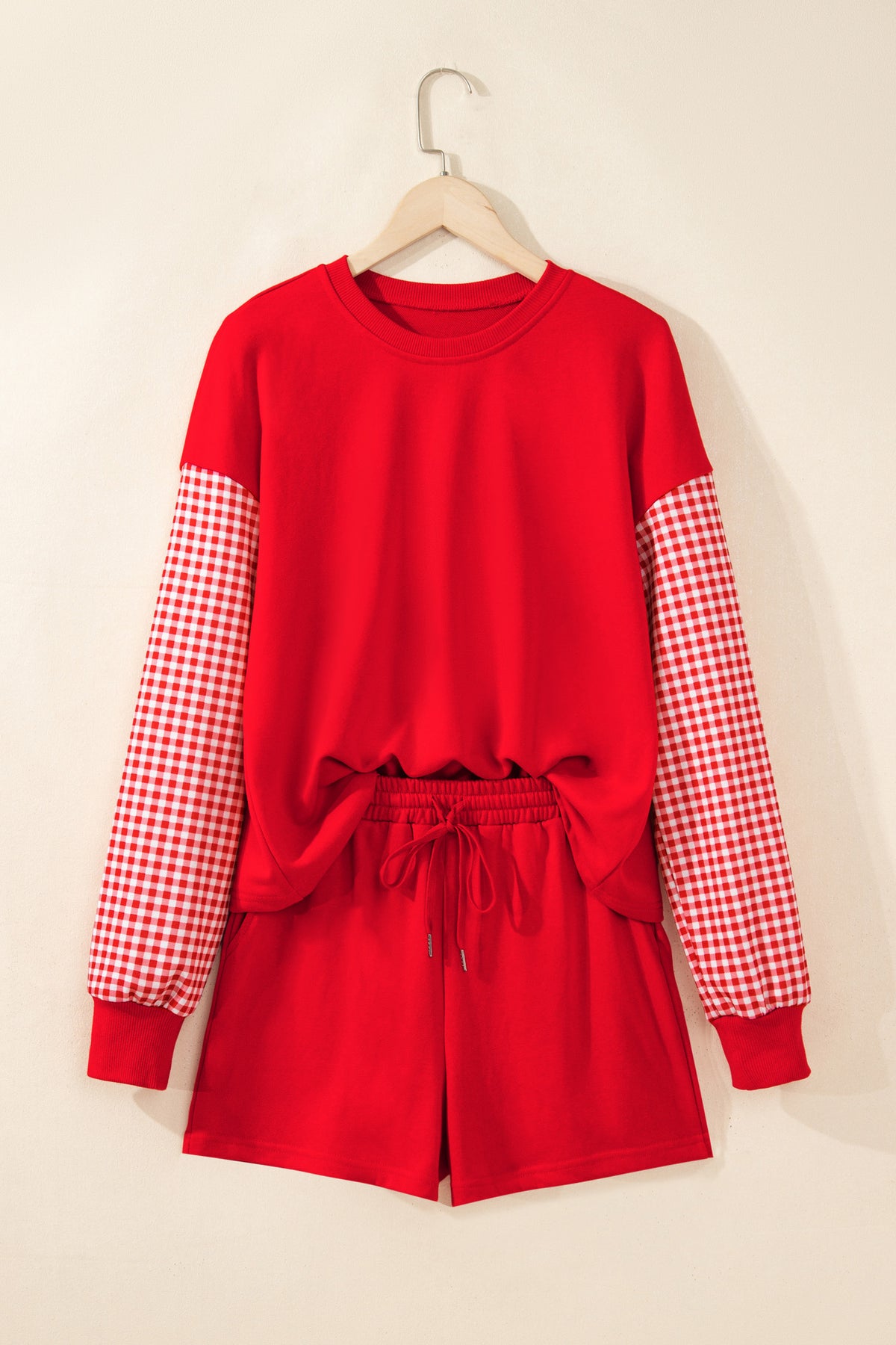 Red Plaid Patchwork Long Sleeve Top Solid Drawstring Shorts Set-Two Piece Sets/Short Sets-[Adult]-[Female]-2022 Online Blue Zone Planet