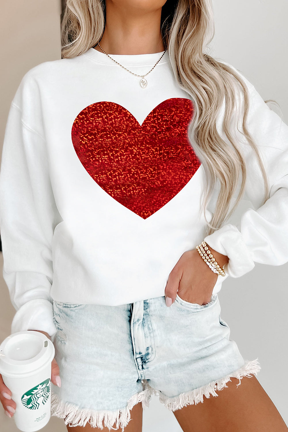 Beige Glitter Valentine Heart Graphic Sweatshirt-Graphic Sweatshirts-[Adult]-[Female]-2022 Online Blue Zone Planet