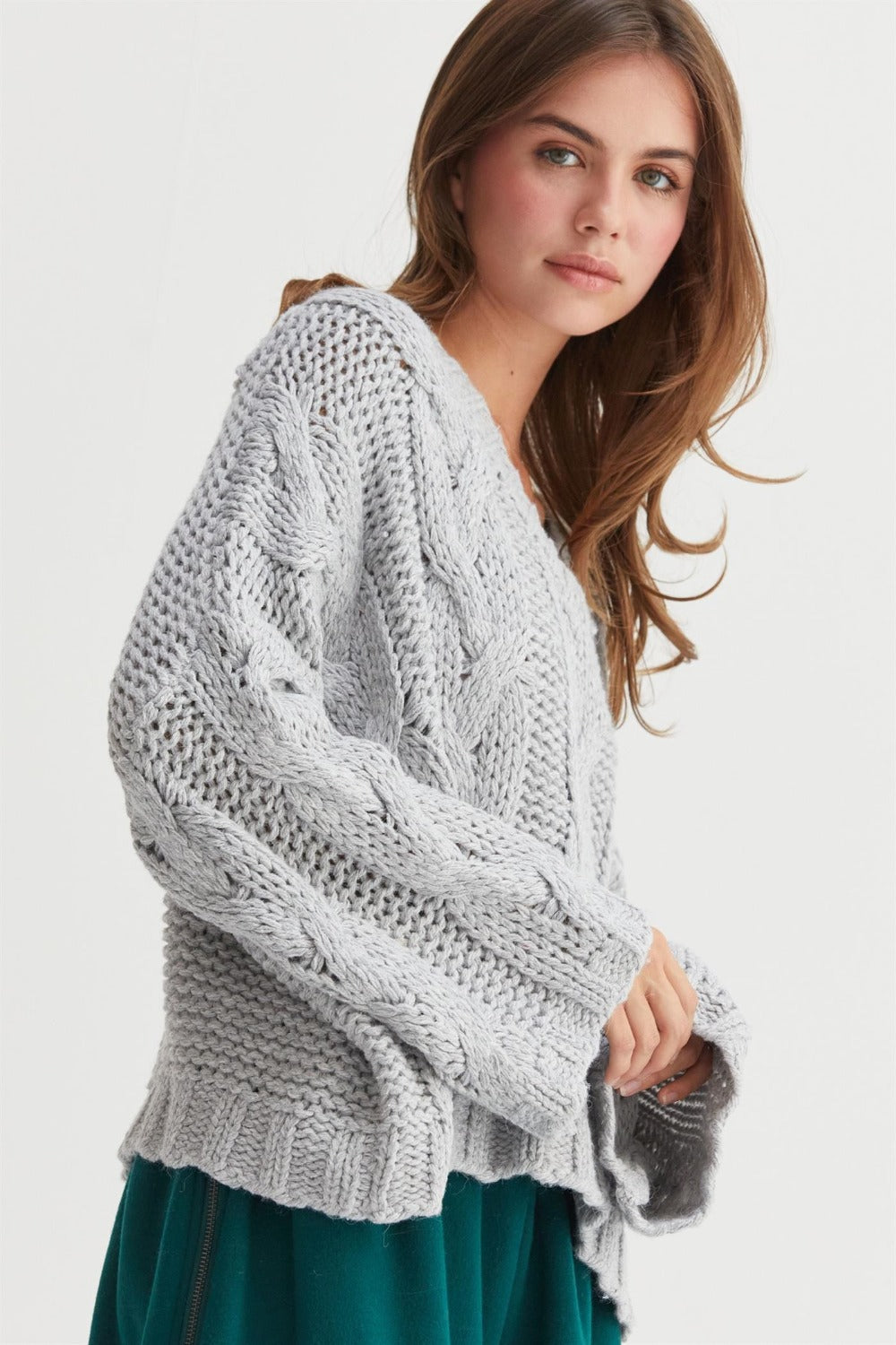 Blue Zone Planet | HYFVE Cable Knit V-Neck Sweater-TOPS / DRESSES-[Adult]-[Female]-2022 Online Blue Zone Planet