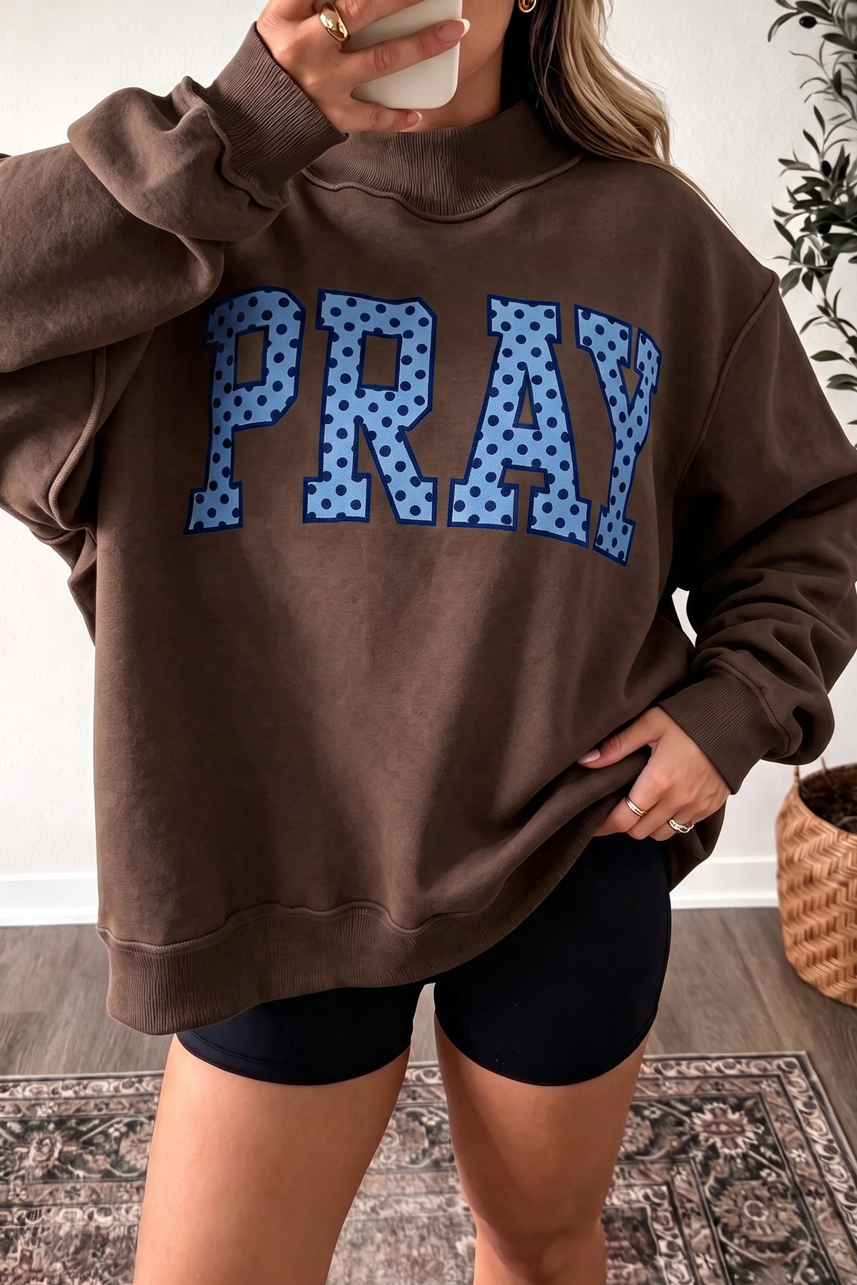 Gray PRAY Polka Dot Embroidered Mock Neck Sweatshirt
