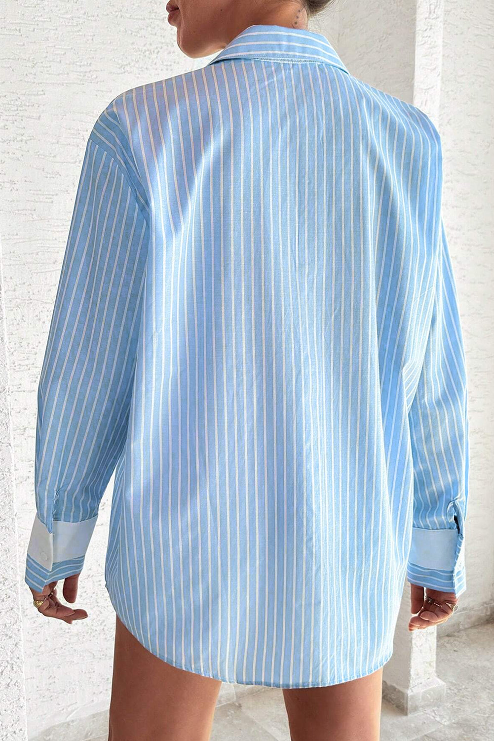 Sky Blue Stripe Contrast Patch Pocket Cuffed Sleeve Casual Shirt-Tops/Blouses & Shirts-[Adult]-[Female]-2022 Online Blue Zone Planet