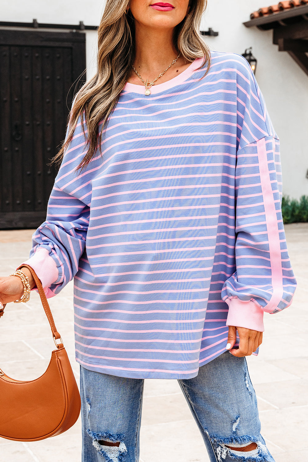 Sky Blue Stripe Oversize Contrast Trim Drop Shoulder Casual Top-Tops/Long Sleeve Tops-[Adult]-[Female]-2022 Online Blue Zone Planet