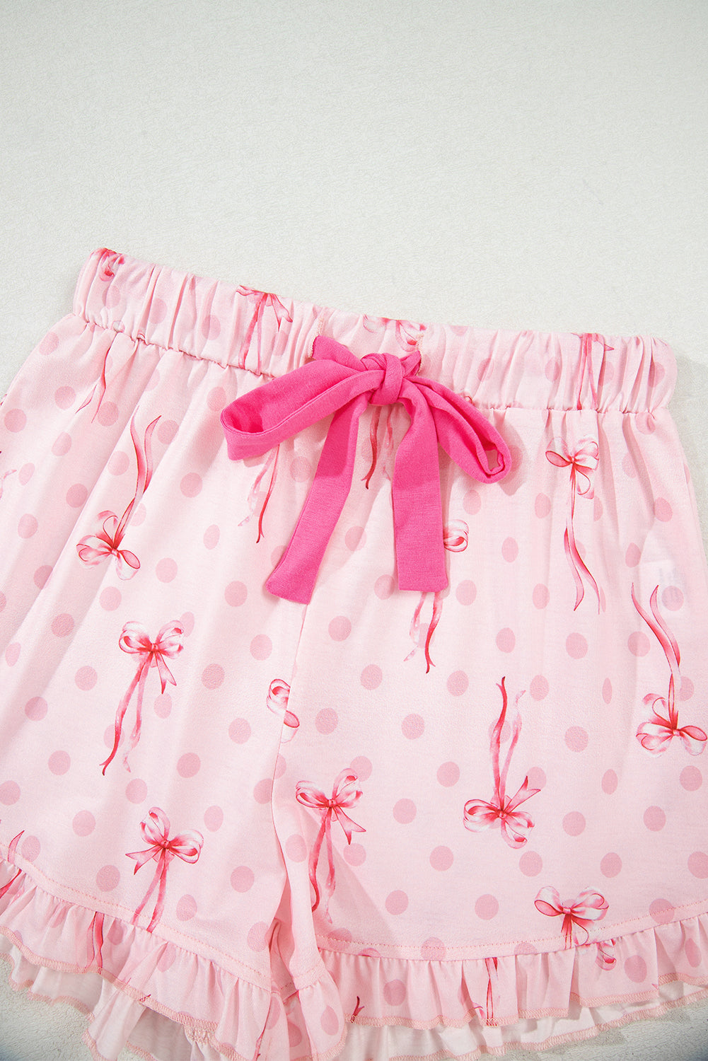 Pink Bow Print Contrast Pipping Short Pajamas Set-Loungewear & Sleepwear/Sleepwear-[Adult]-[Female]-2022 Online Blue Zone Planet