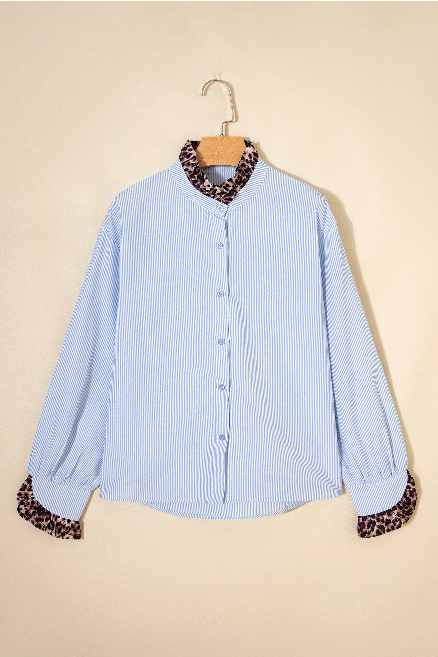 Sky Blue Stripe Ruffled Leopard Patchwork Long Sleeve Button Down Loose Shirt-Tops/Blouses & Shirts-[Adult]-[Female]-2022 Online Blue Zone Planet