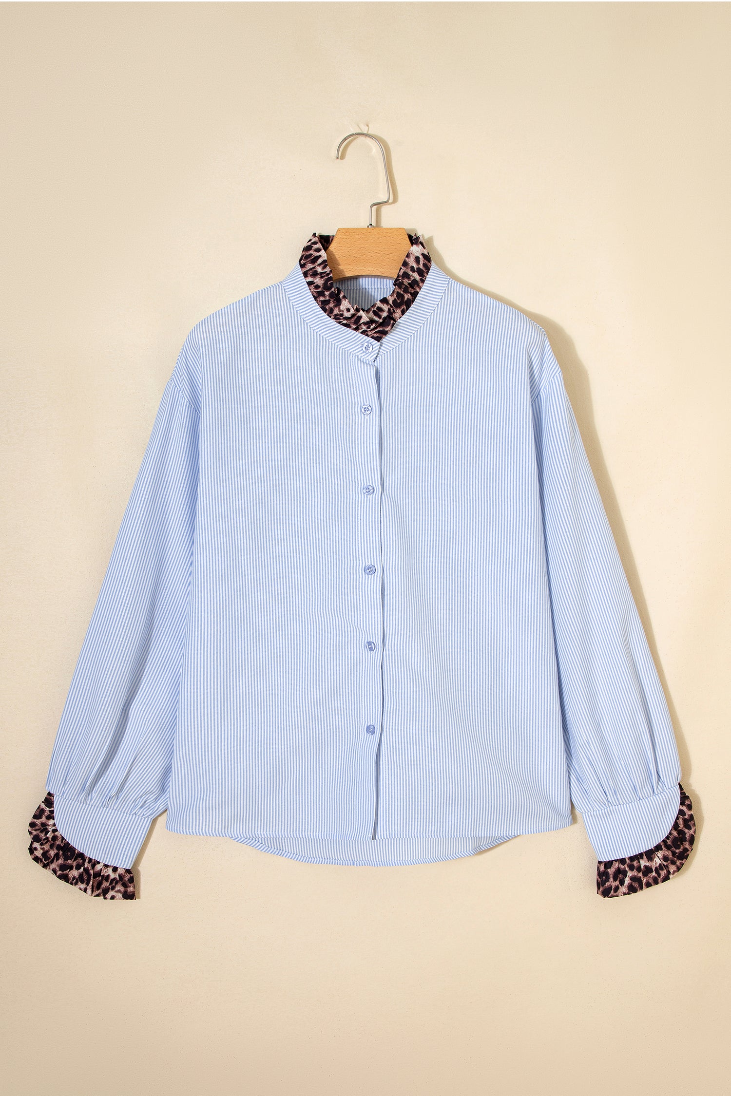Sky Blue Stripe Ruffled Leopard Patchwork Long Sleeve Button Down Loose Shirt-Tops/Blouses & Shirts-[Adult]-[Female]-2022 Online Blue Zone Planet